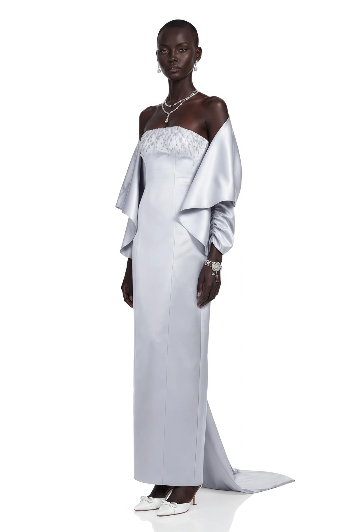 Runa Grey Cape Sleeve Rhinestone Maxi Dress Jacket Set