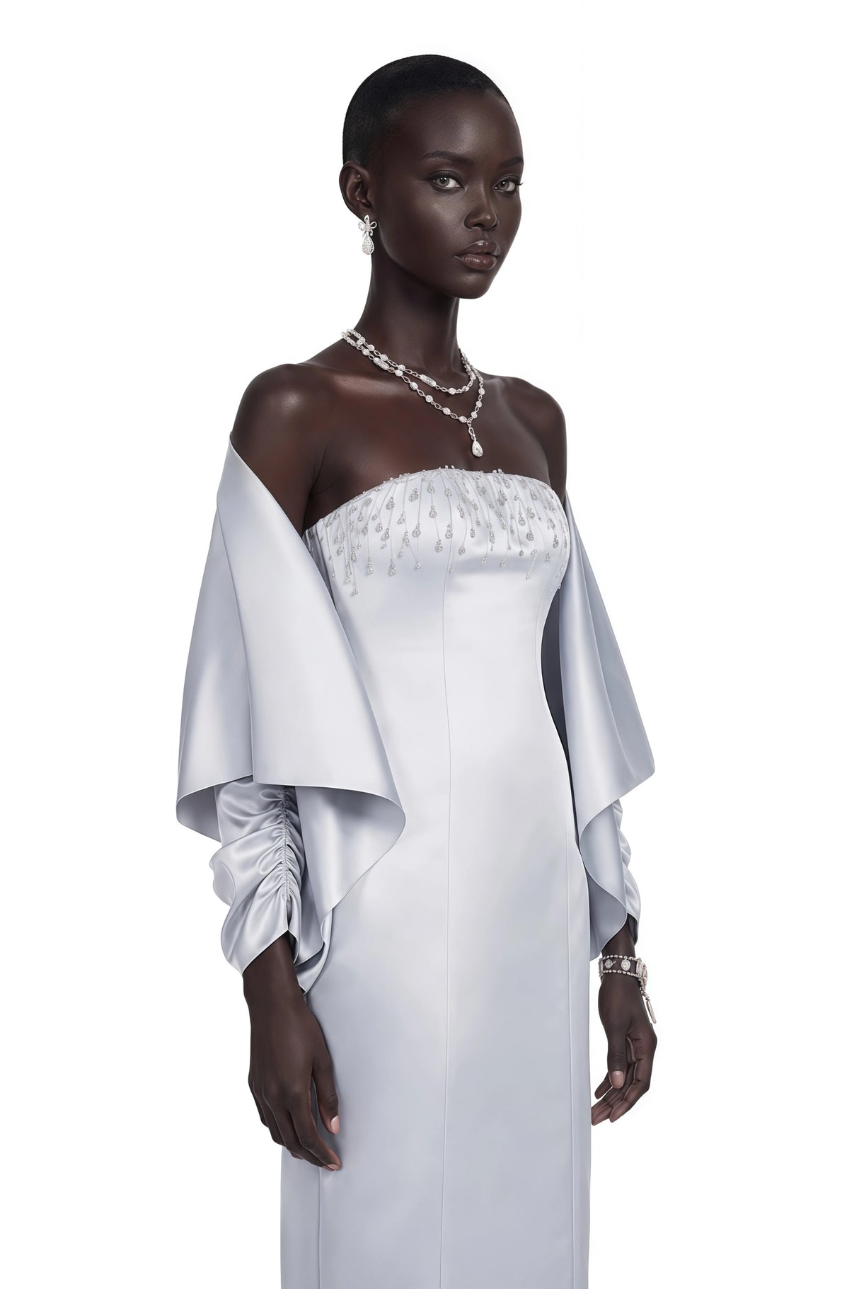 Runa Grey Cape Sleeve Rhinestone Maxi Dress Jacket Set