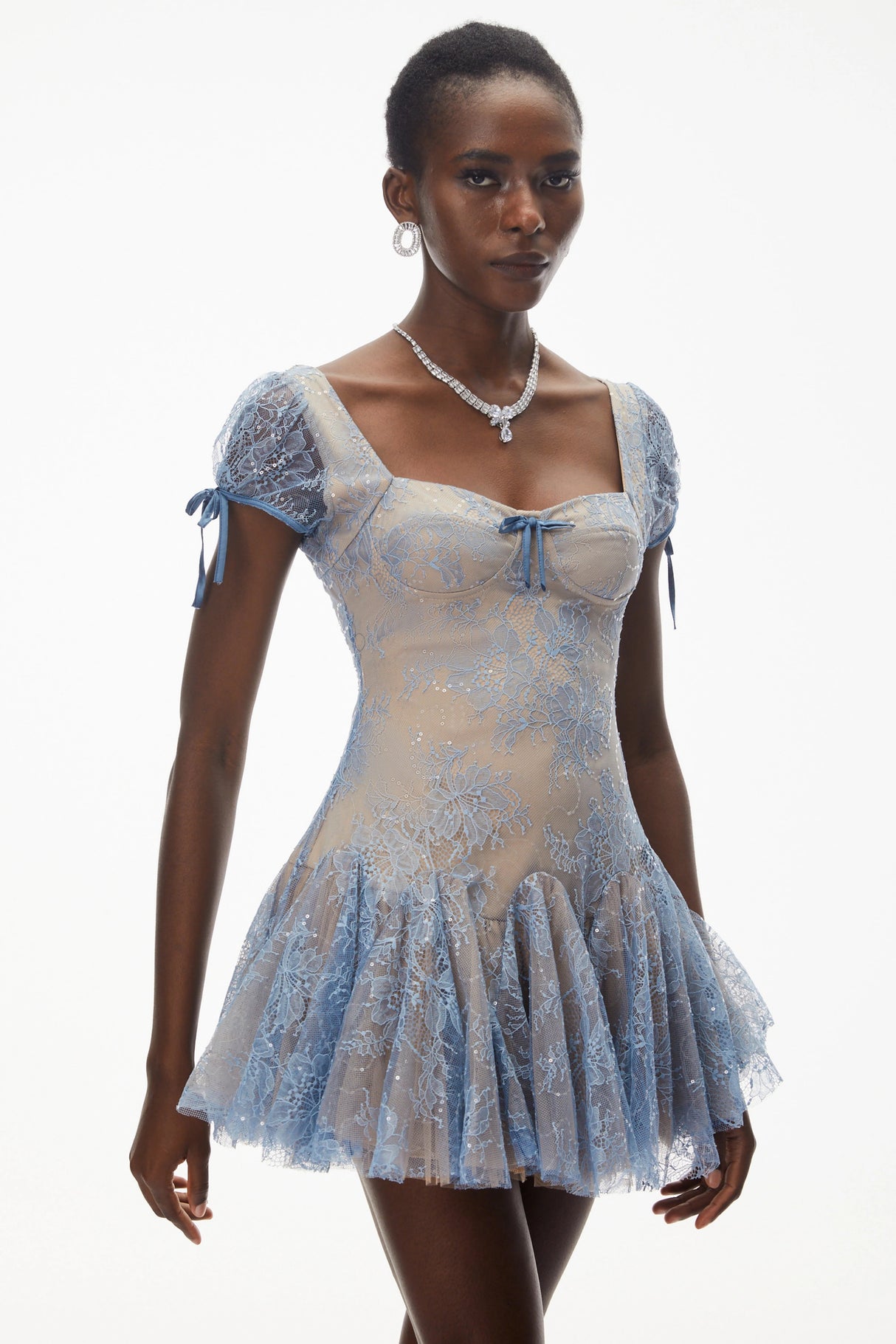 Ruslana Dusty Blue Ruched Lace Mini Dress