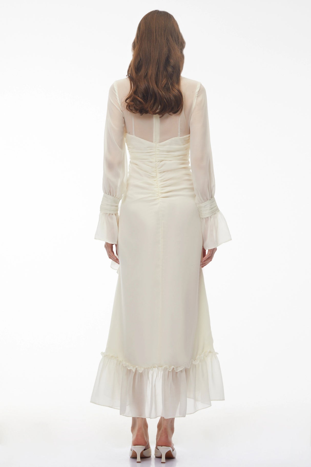 Sabrina Ivory Long Sleeve Asymmetrical Ruched Midi Dress