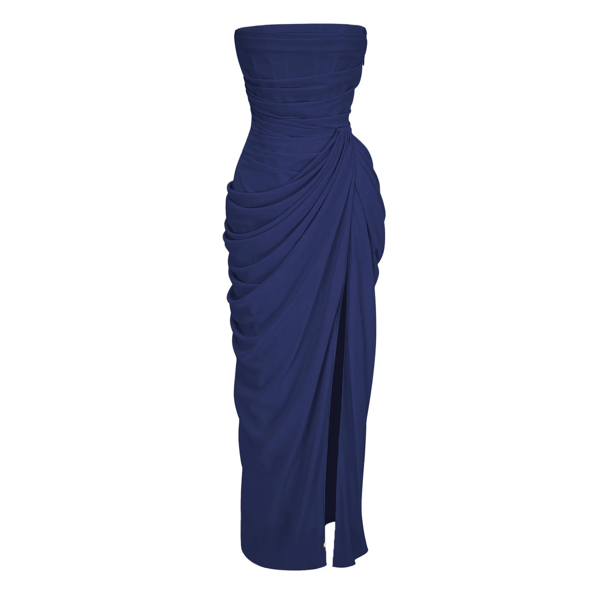Safiya Navy Blue Ruched Maxi Dress with Cross Front