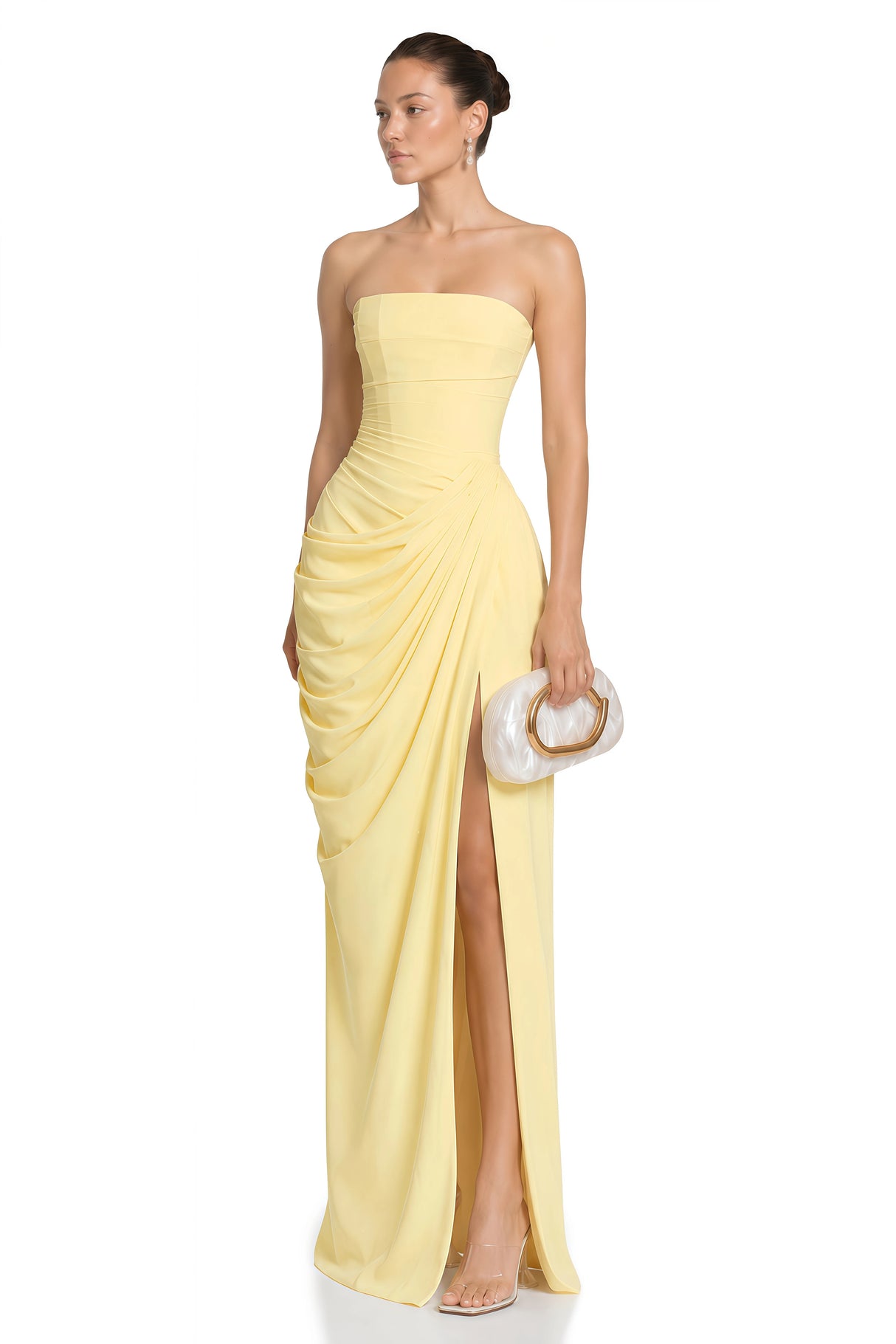Safiya Yellow Ruched Maxi Dress with Cross Front