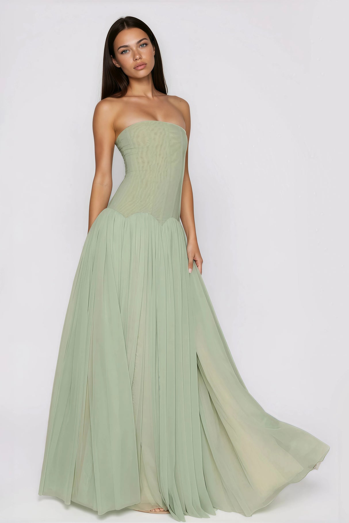Salome Green Off Shoulder Pleated Maxi Dress