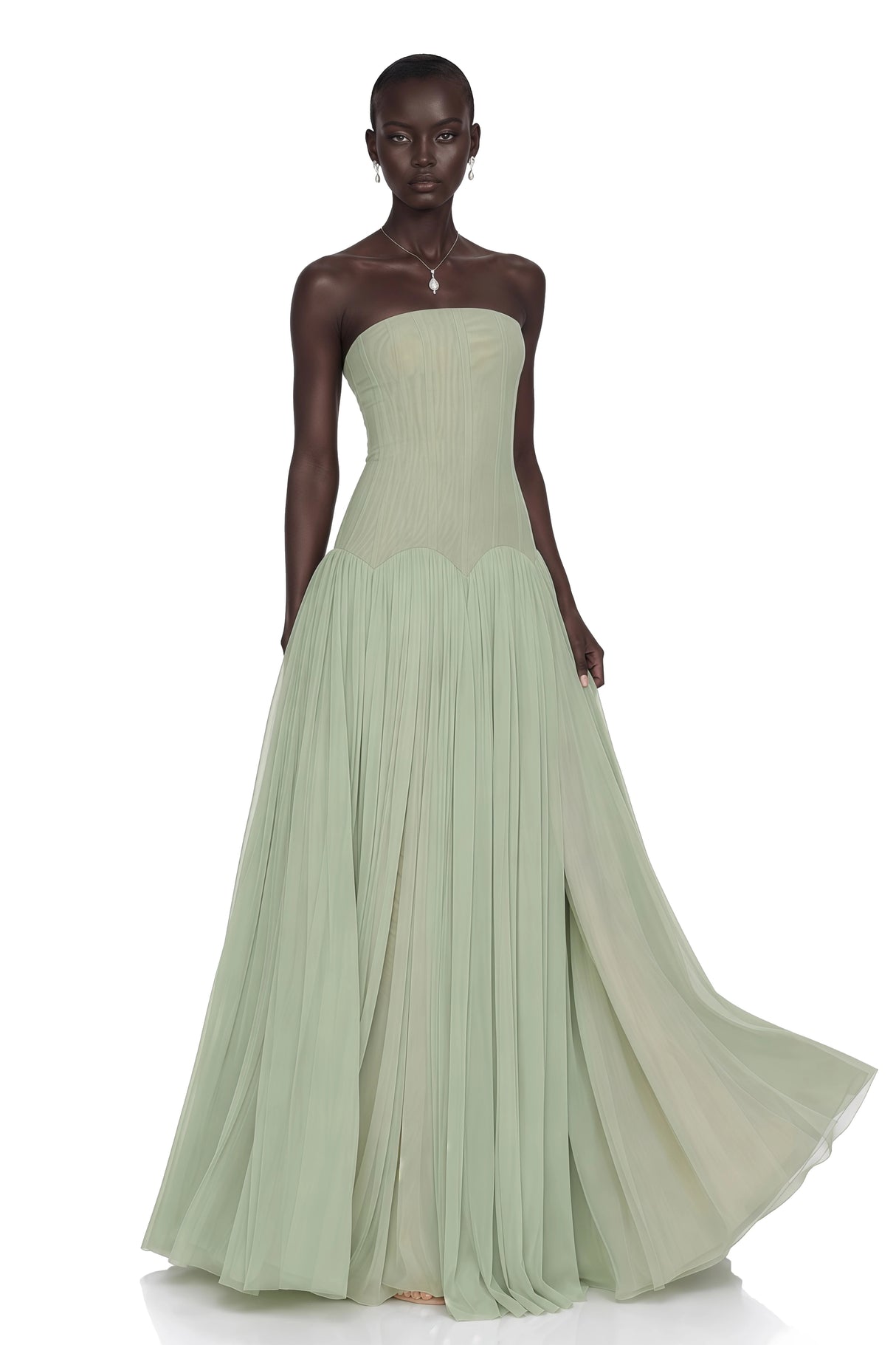 Salome Green Off Shoulder Pleated Maxi Dress