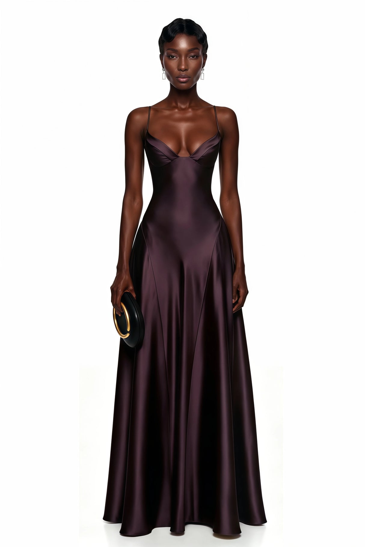 Salomé Purple VNeck Flared Satin Maxi Dress