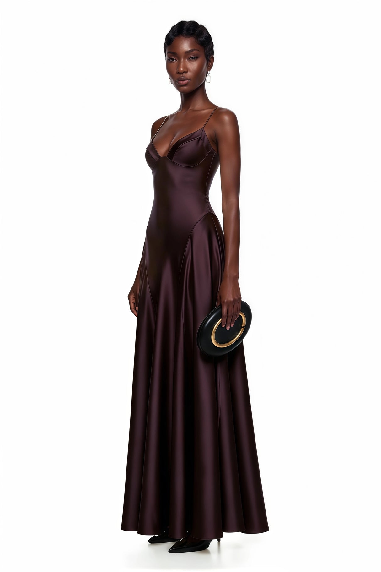 Salomé Purple VNeck Flared Satin Maxi Dress