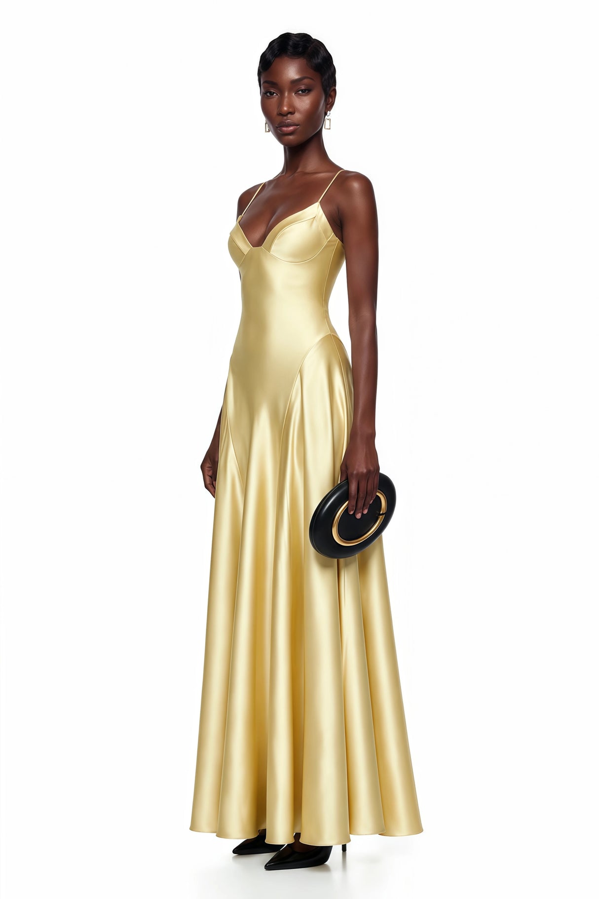 Salomé Yellow VNeck Flared Satin Maxi Dress
