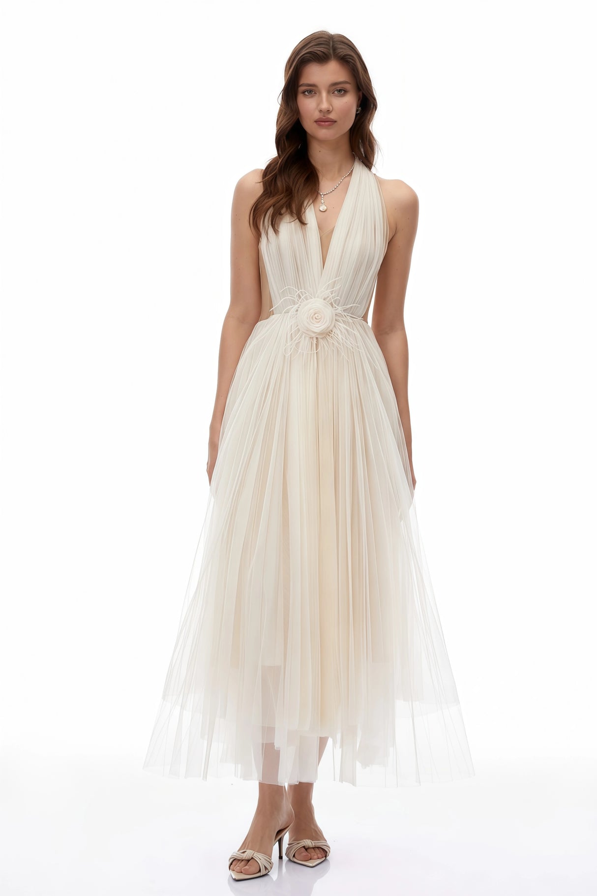 Samantha Neutral Halterneck SemiSheer Maxi Dress