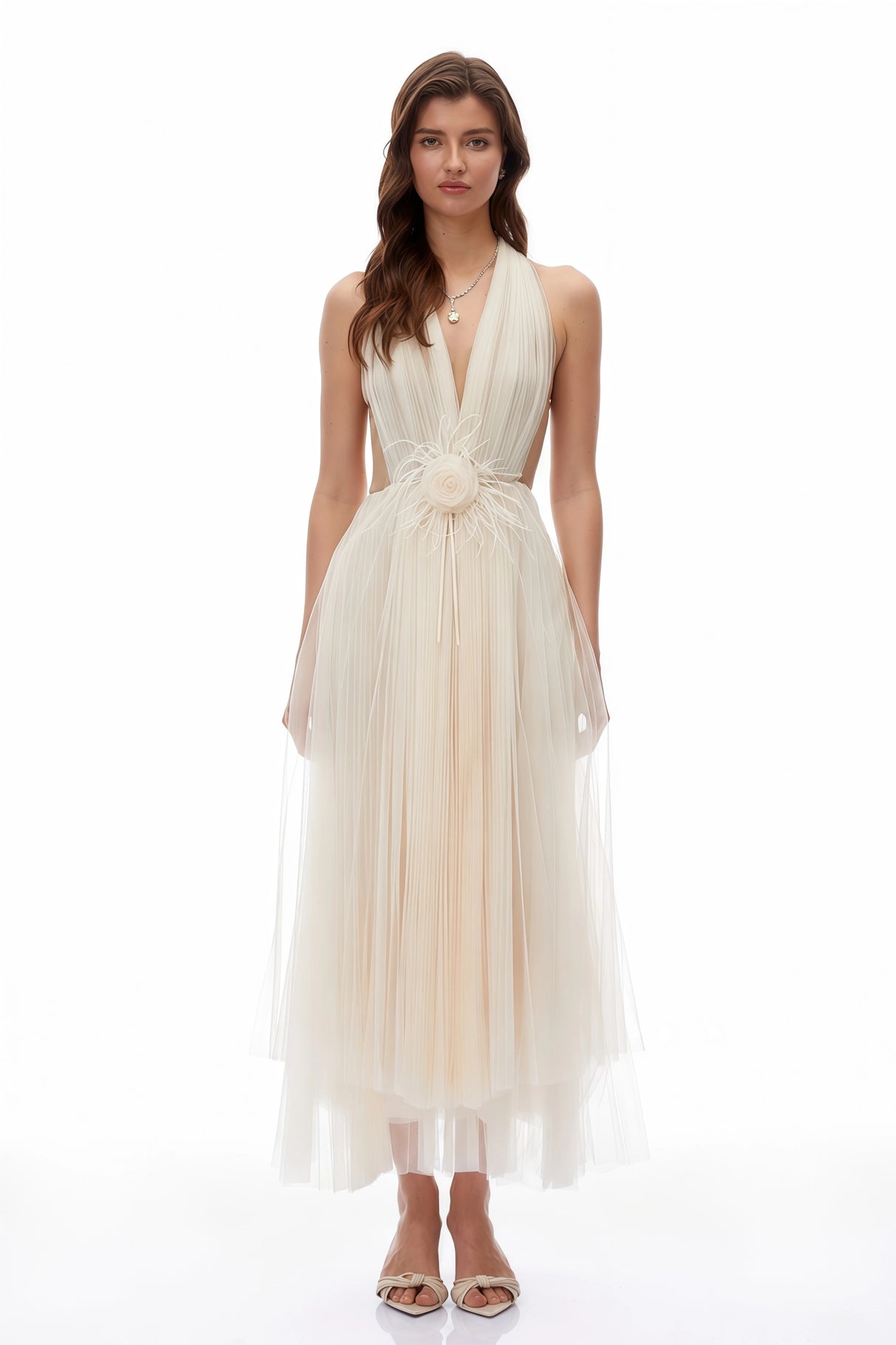 Samantha Neutral Halterneck SemiSheer Maxi Dress