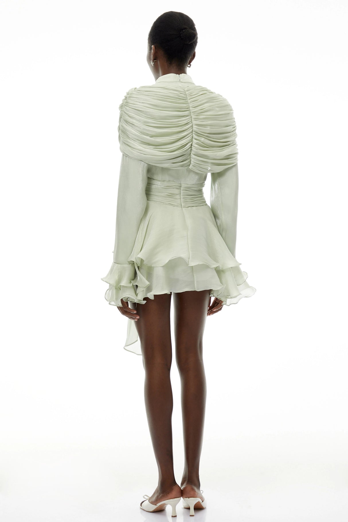 Samira Sage Green Ruffled Ruched Mini Dress with Ribbon