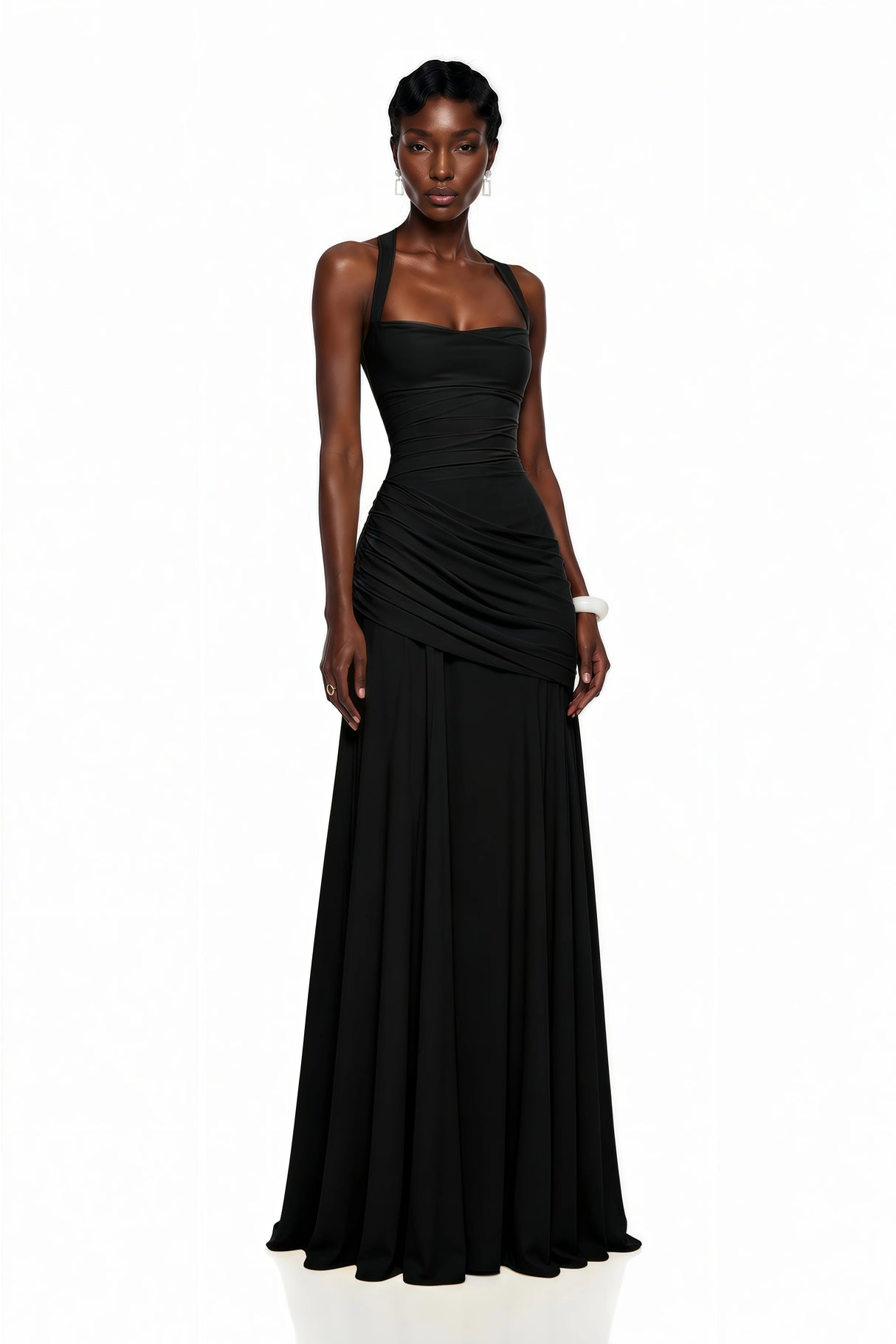 Sanne Black Square Neck Ruched Maxi Dress