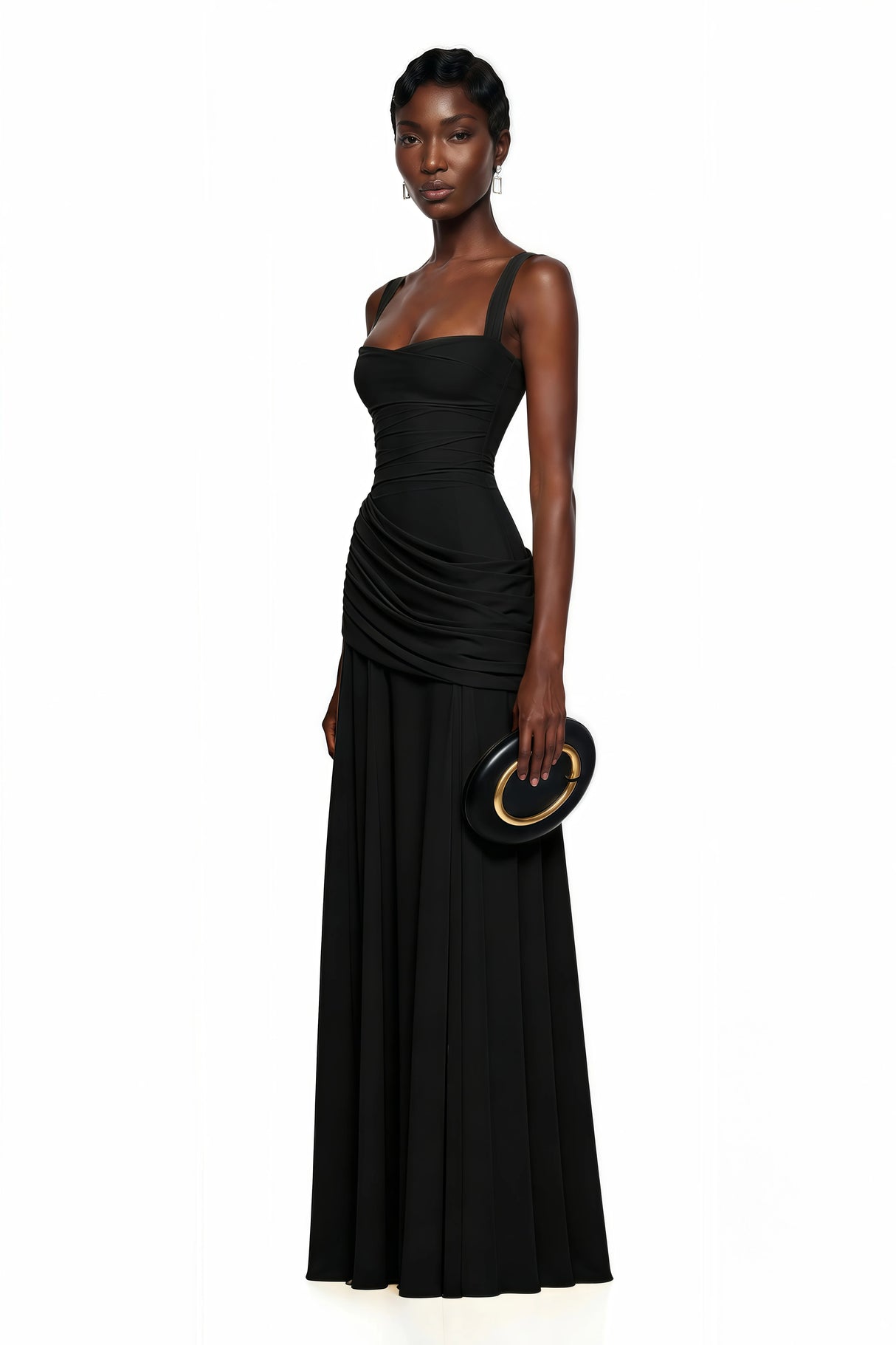 Sanne Black Square Neck Ruched Maxi Dress