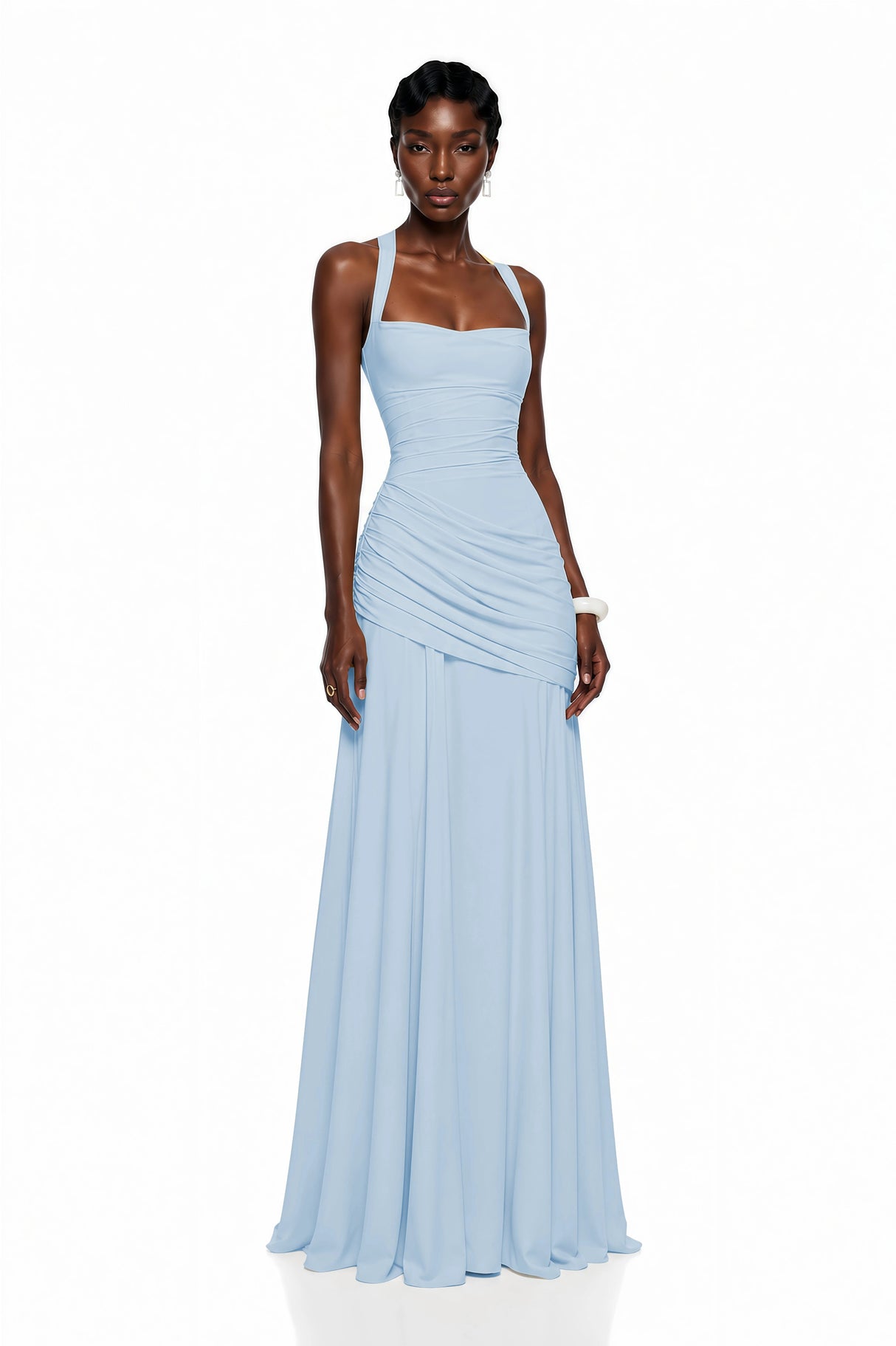 Sanne Blue Square Neck Ruched Maxi Dress