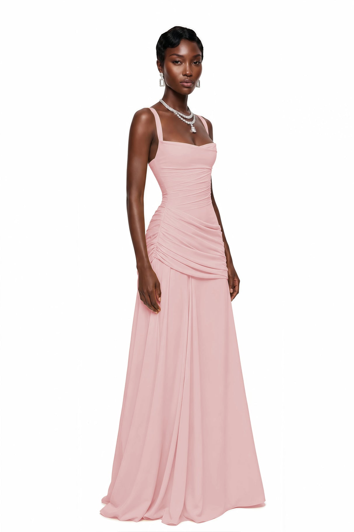 Sanne Pink Square Neck Ruched Maxi Dress