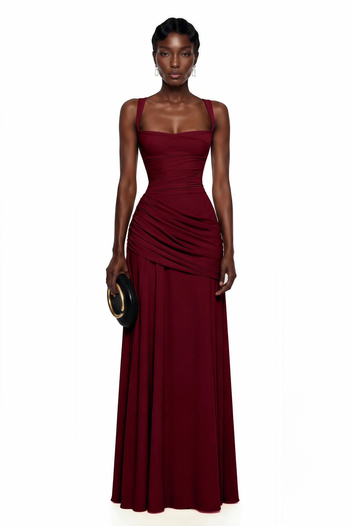 Sanne Red Square Neck Ruched Maxi Dress