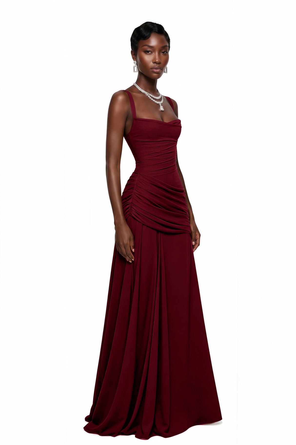 Sanne Red Square Neck Ruched Maxi Dress