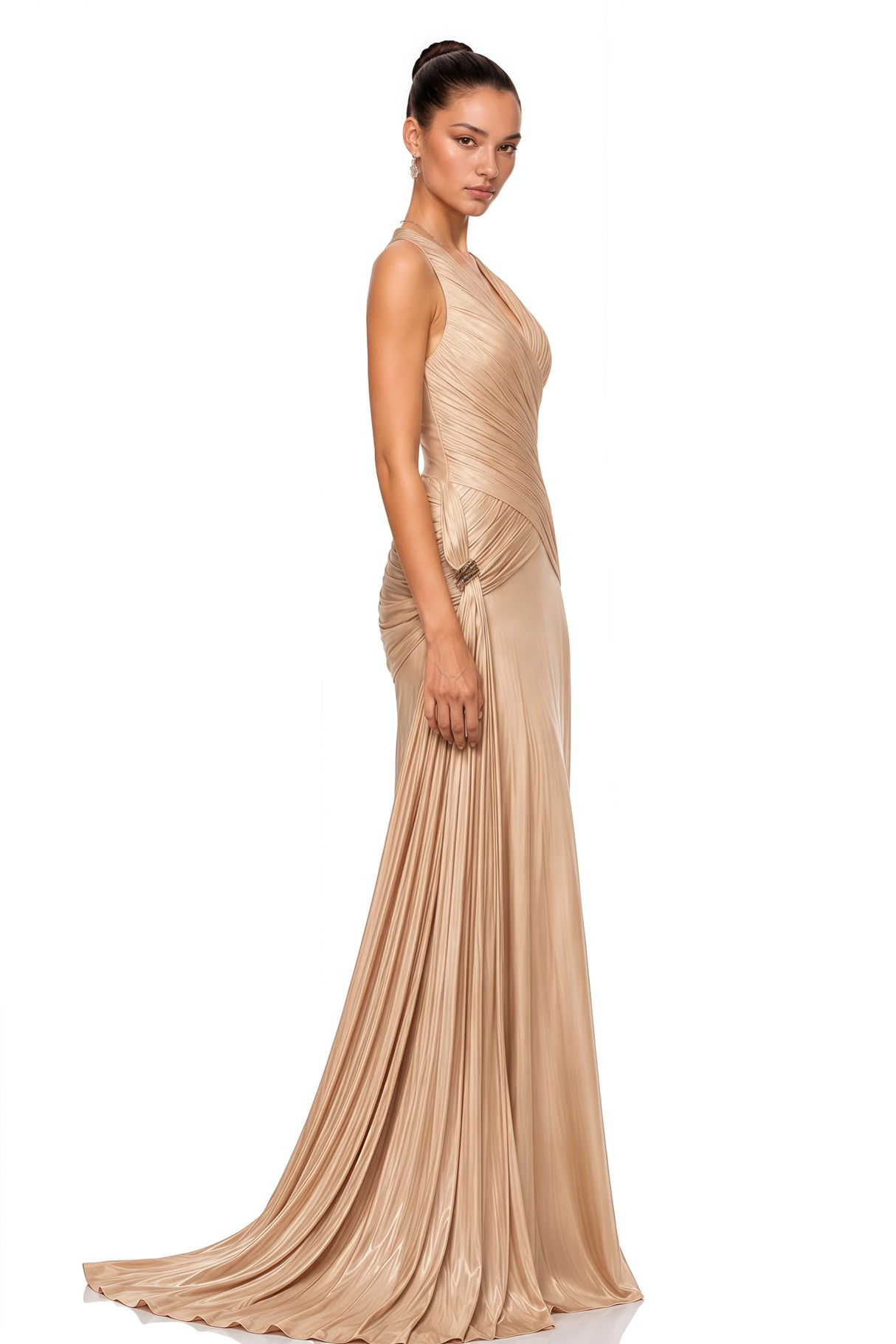 Sapir Bronze Halterneck Satin Maxi Dress with Ribbon