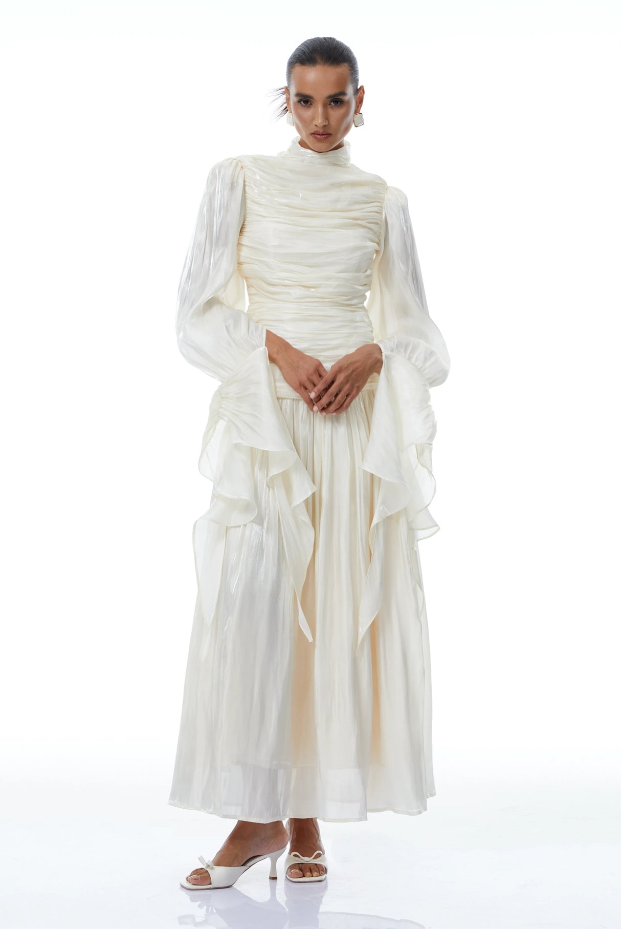 Sarolta Neutral Glossy Ruched Maxi Dress