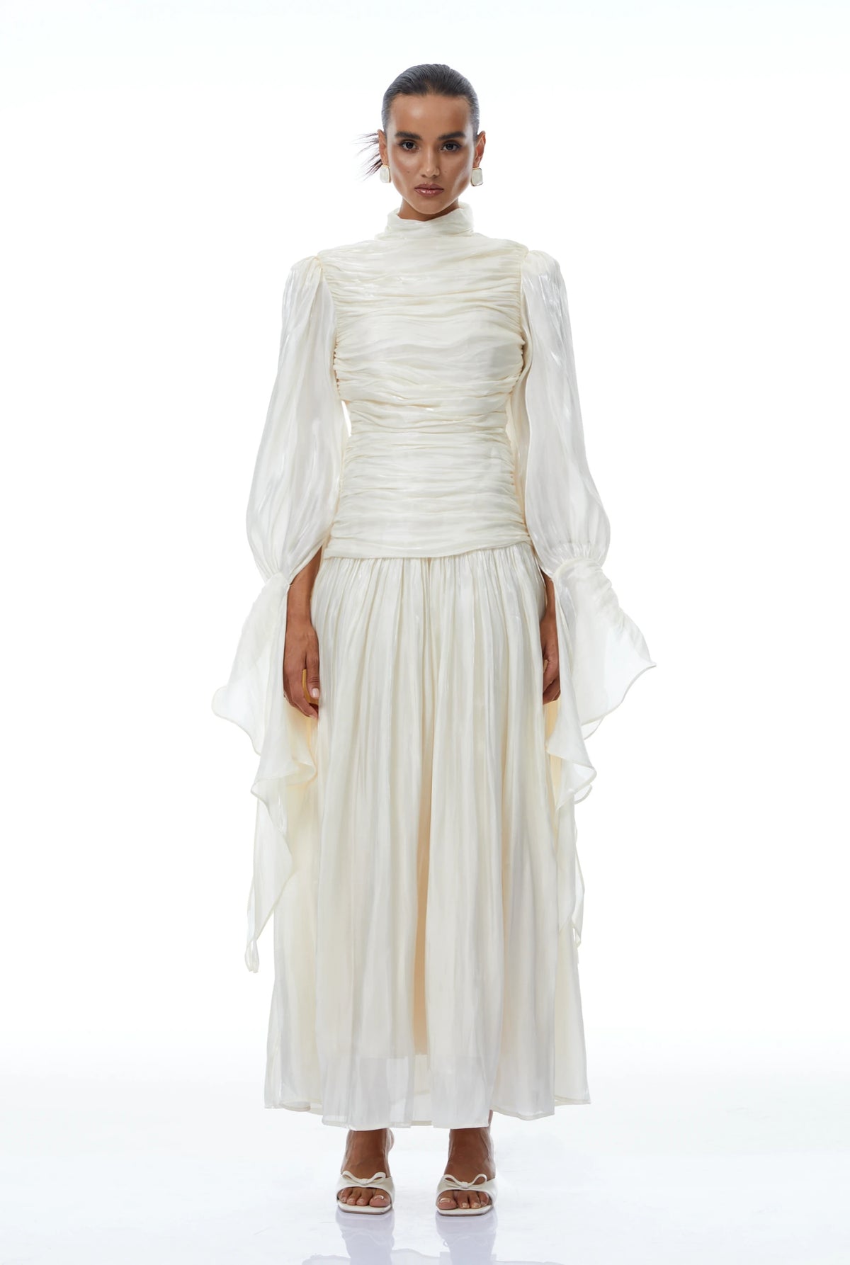 Sarolta Neutral Glossy Ruched Maxi Dress