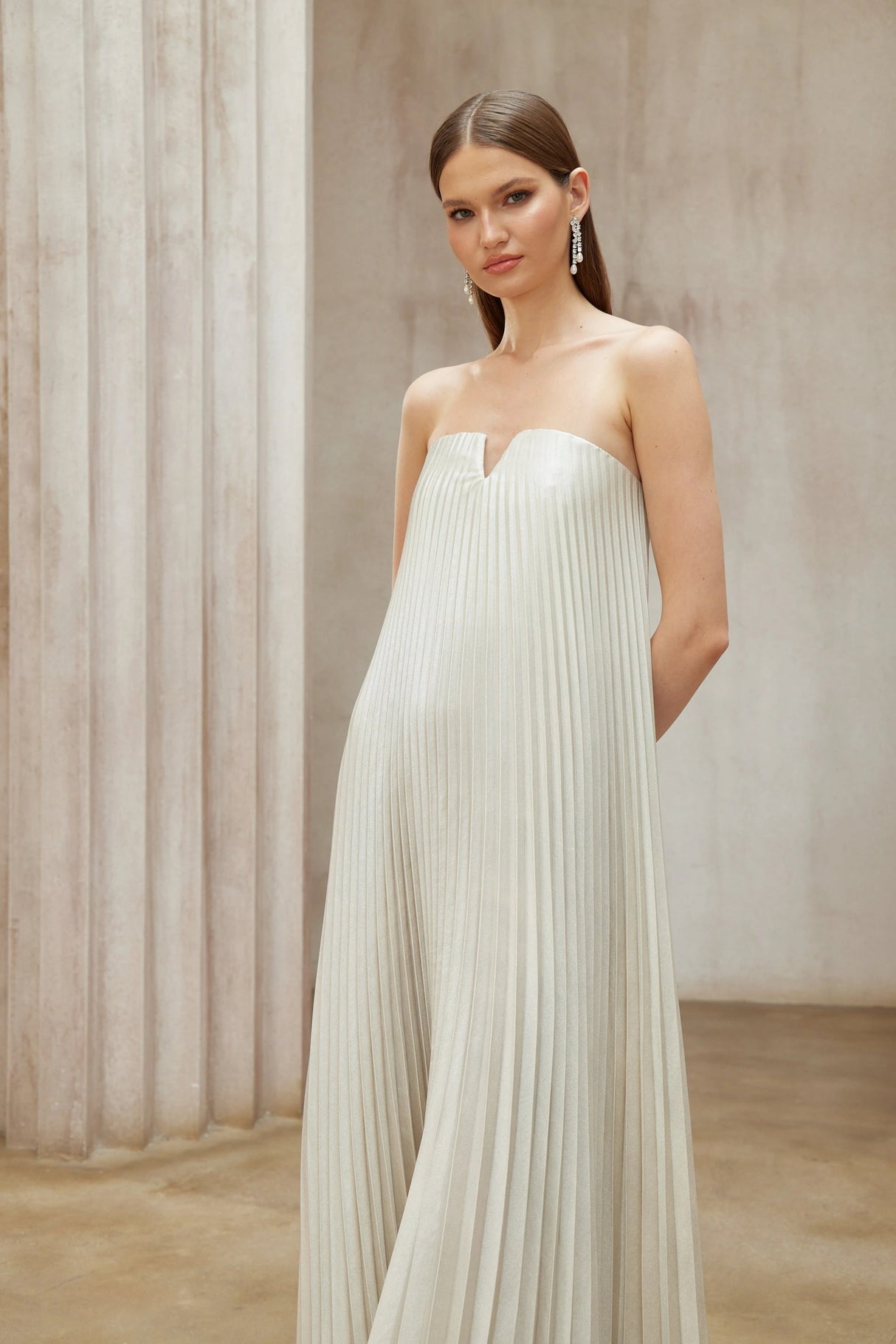Satiné Gold Fullypleated Maxi Dress