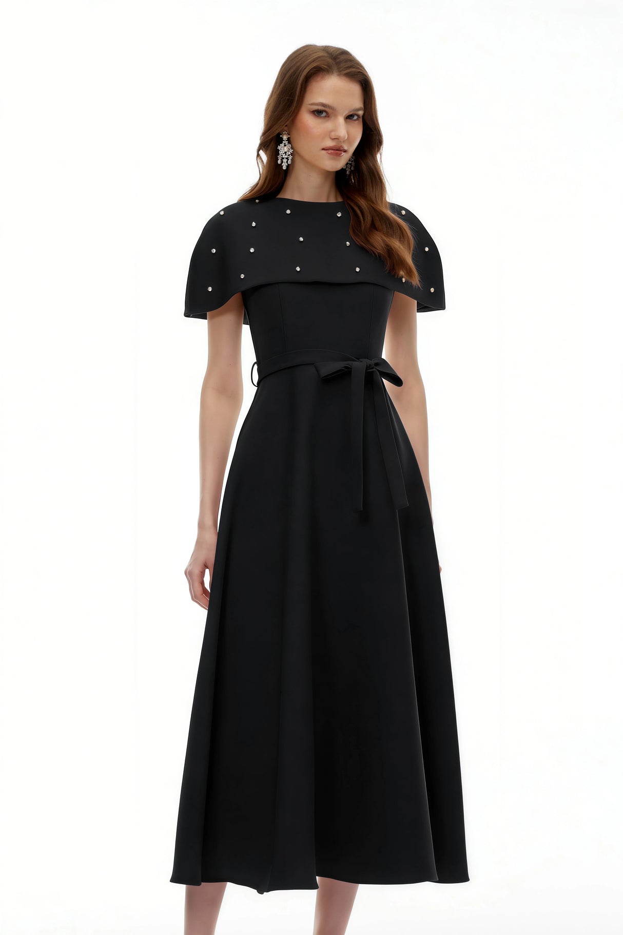 Sawda Black Embellished Midi Dress with Cape