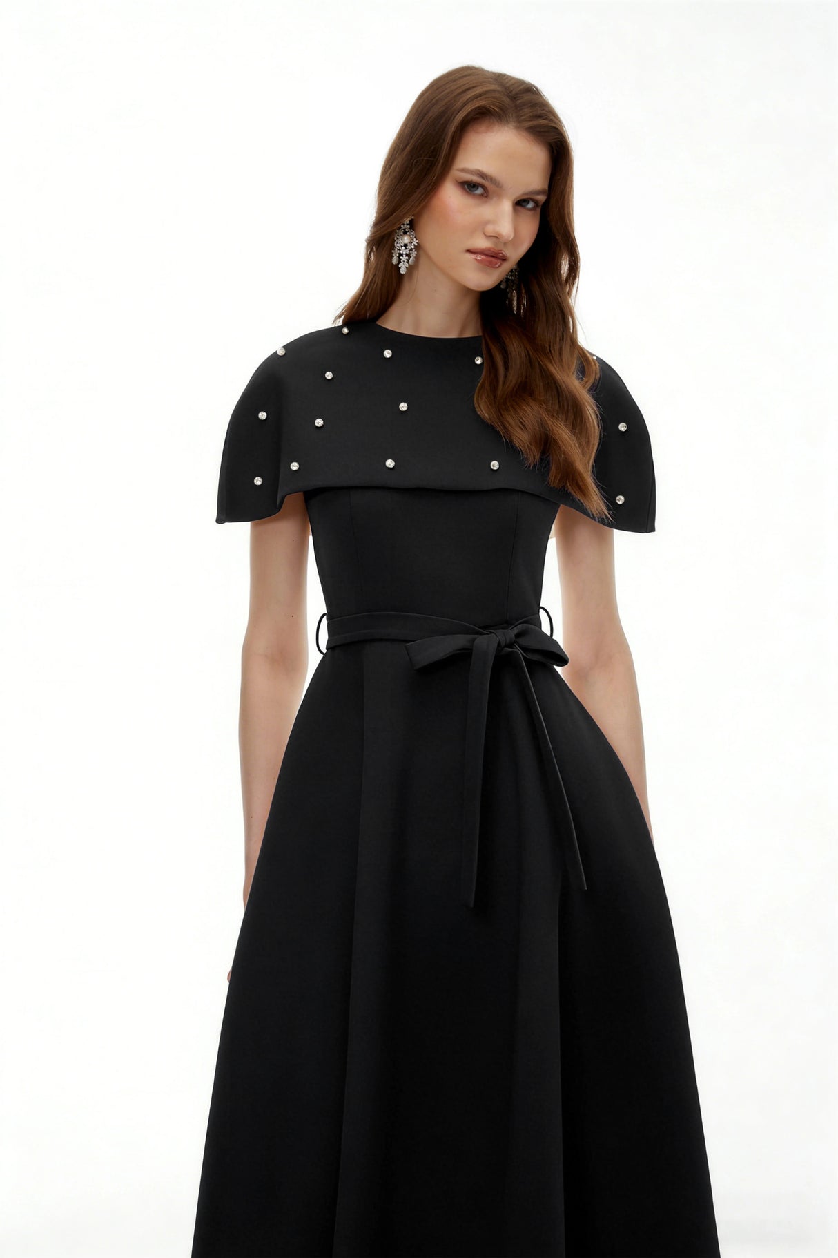 Sawda Black Embellished Midi Dress with Cape