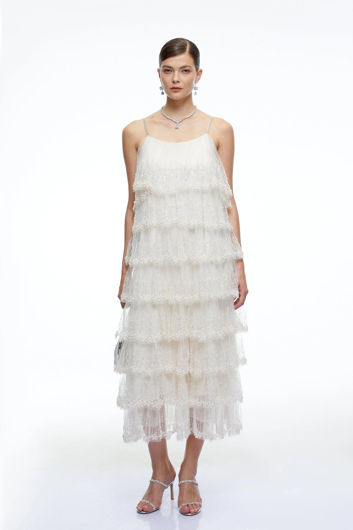 Seraphina Neutral Tiered Sequin Tulle Midi Dress