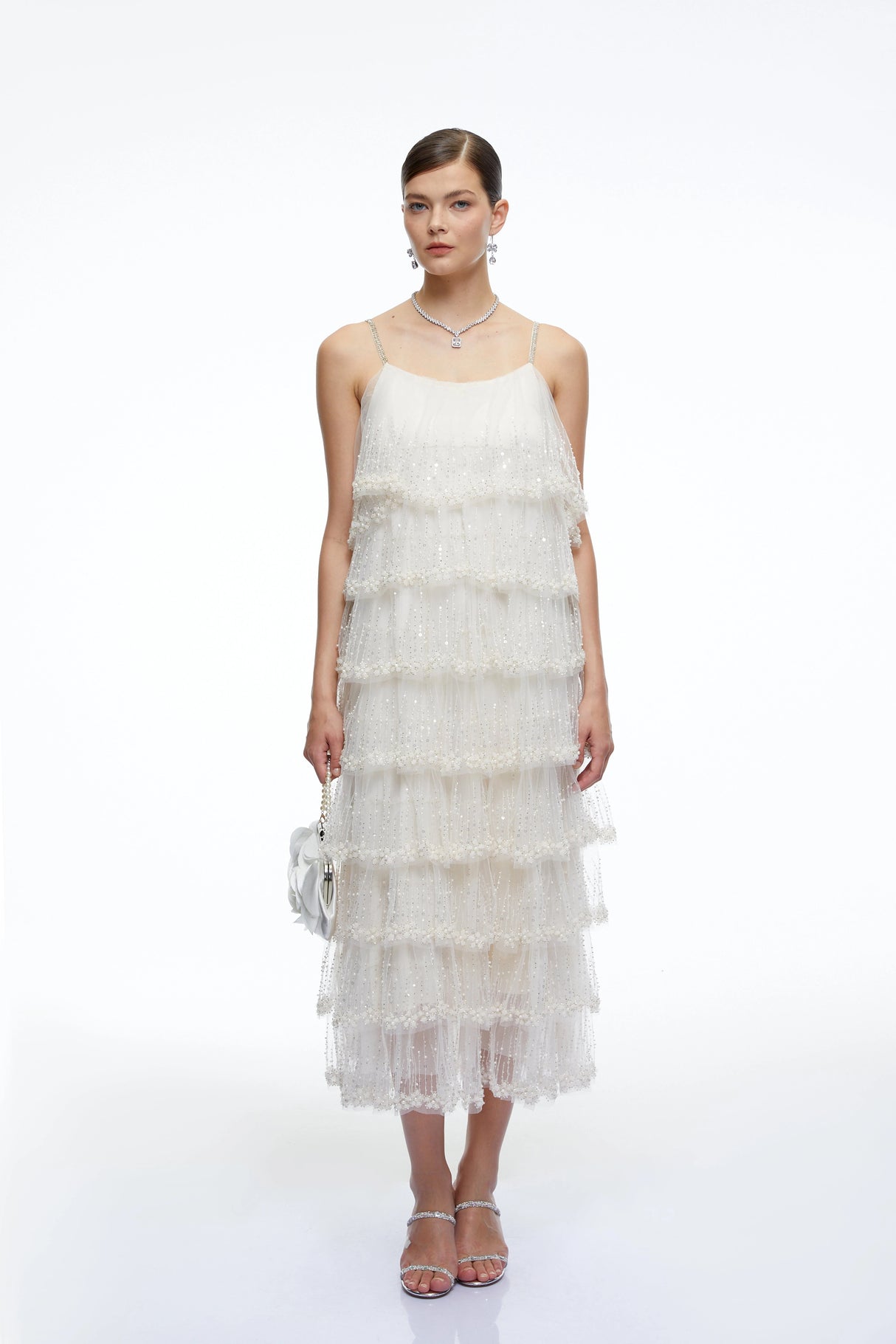 Seraphina Neutral Tiered Sequin Tulle Midi Dress