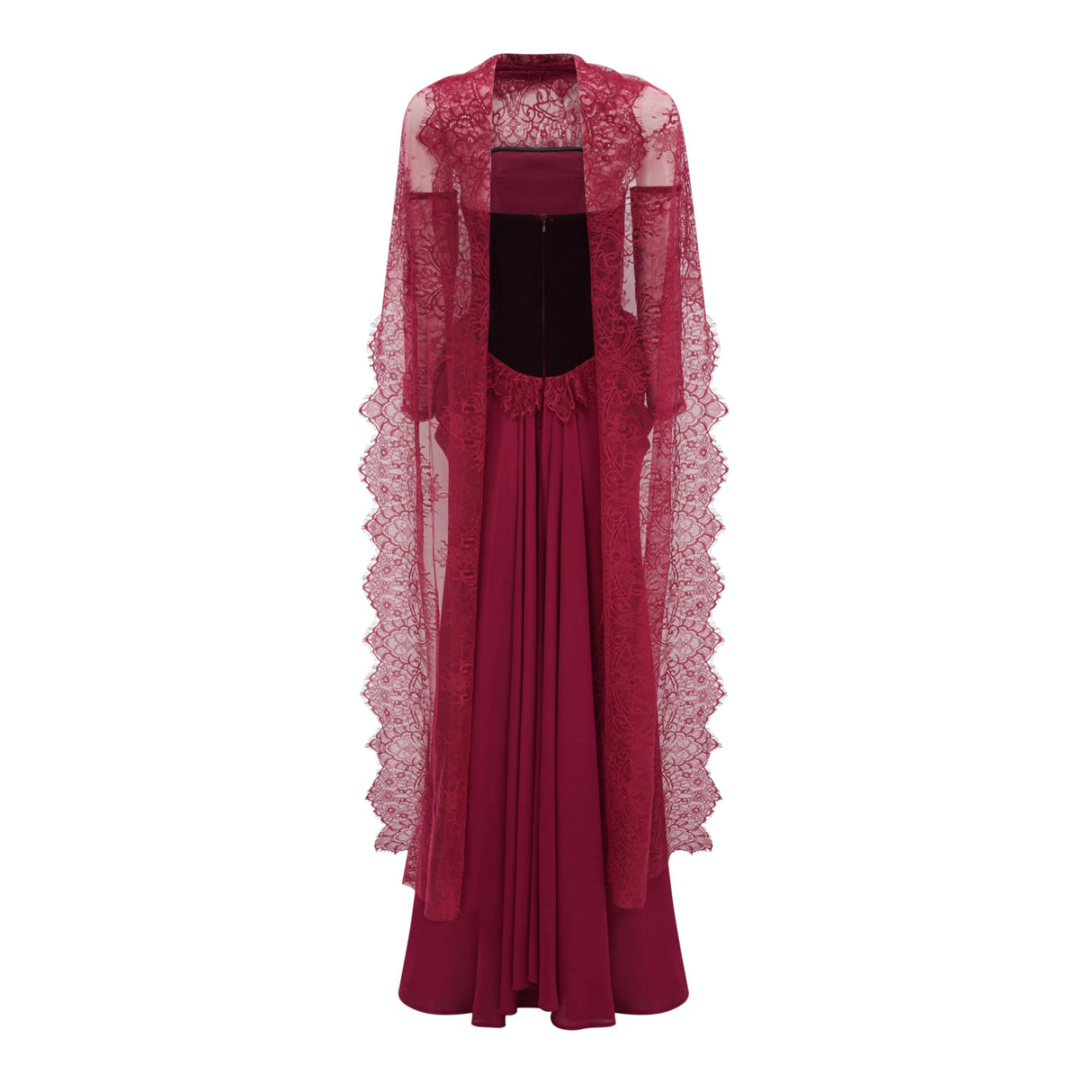 Seraphina Red Floral Lace Maxi Dress with Cape