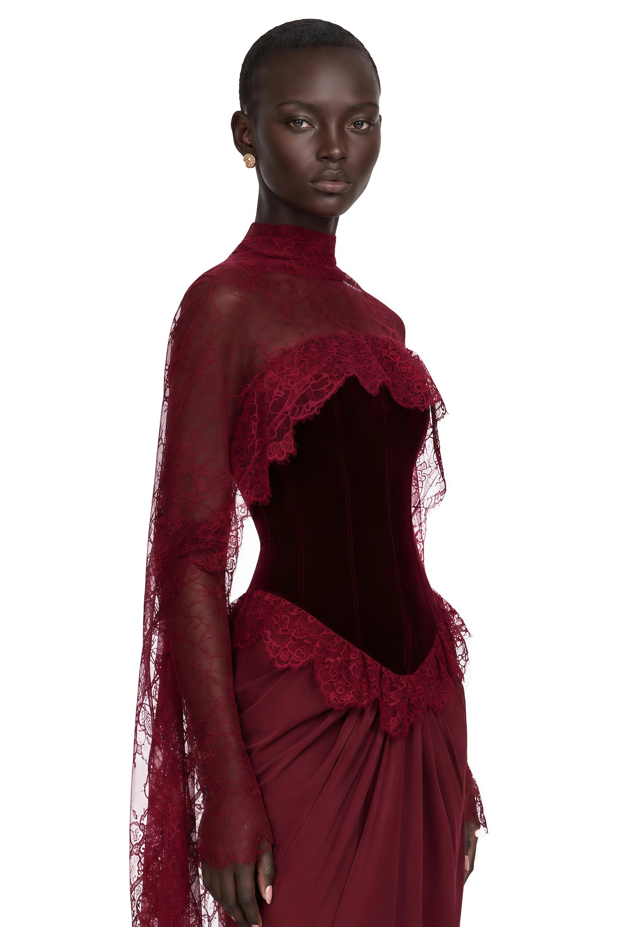 Seraphina Red Floral Lace Maxi Dress with Cape