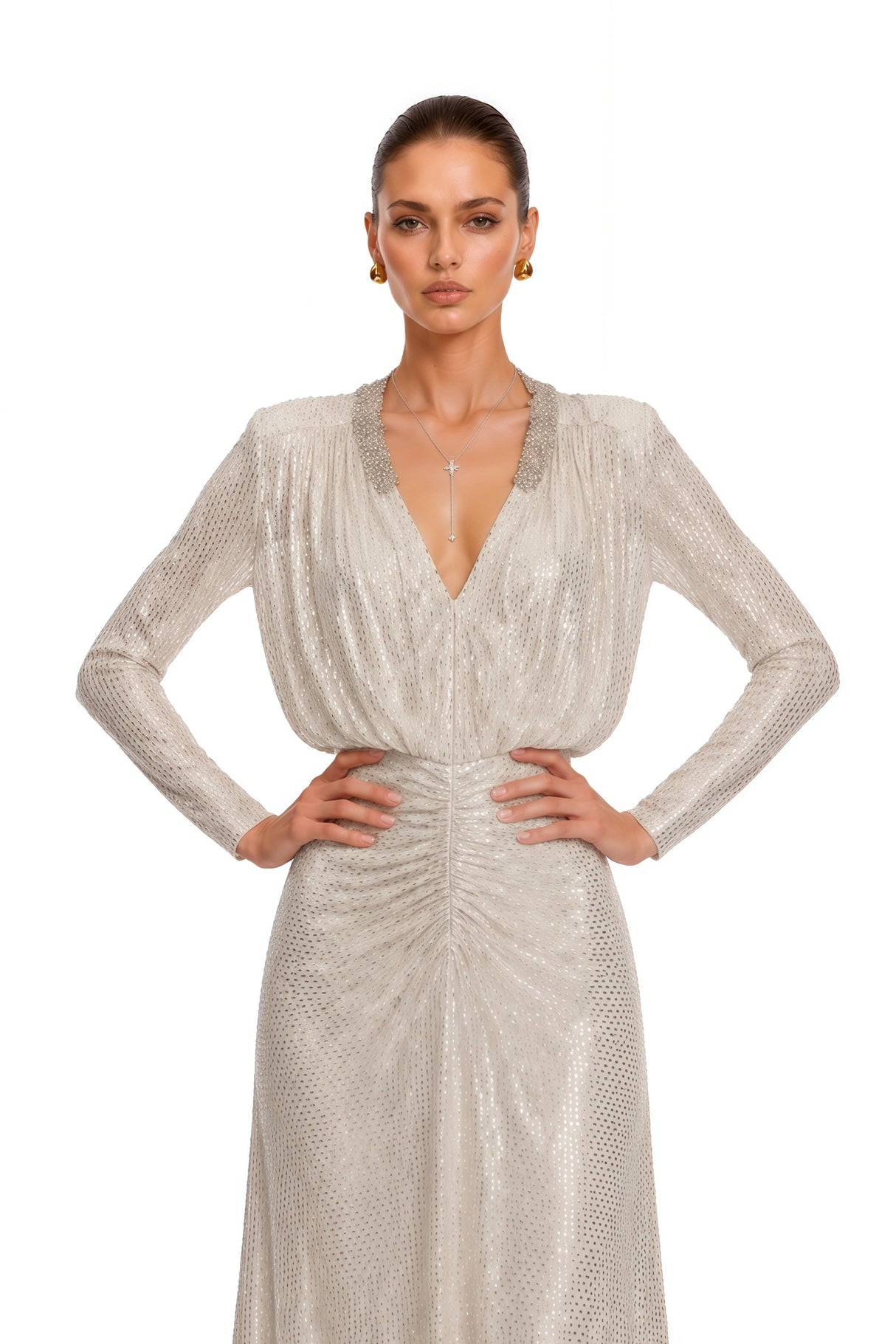Seraphina Silver Sequin VNeck Long Sleeves Maxi Dress