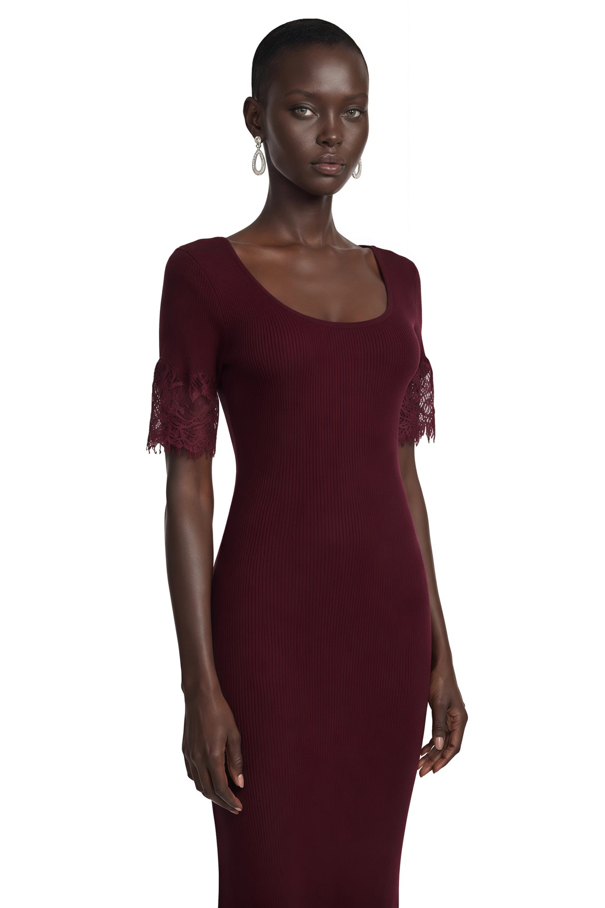 Sharon Burgundy Round Neck Maxi Dress with Lace Trim