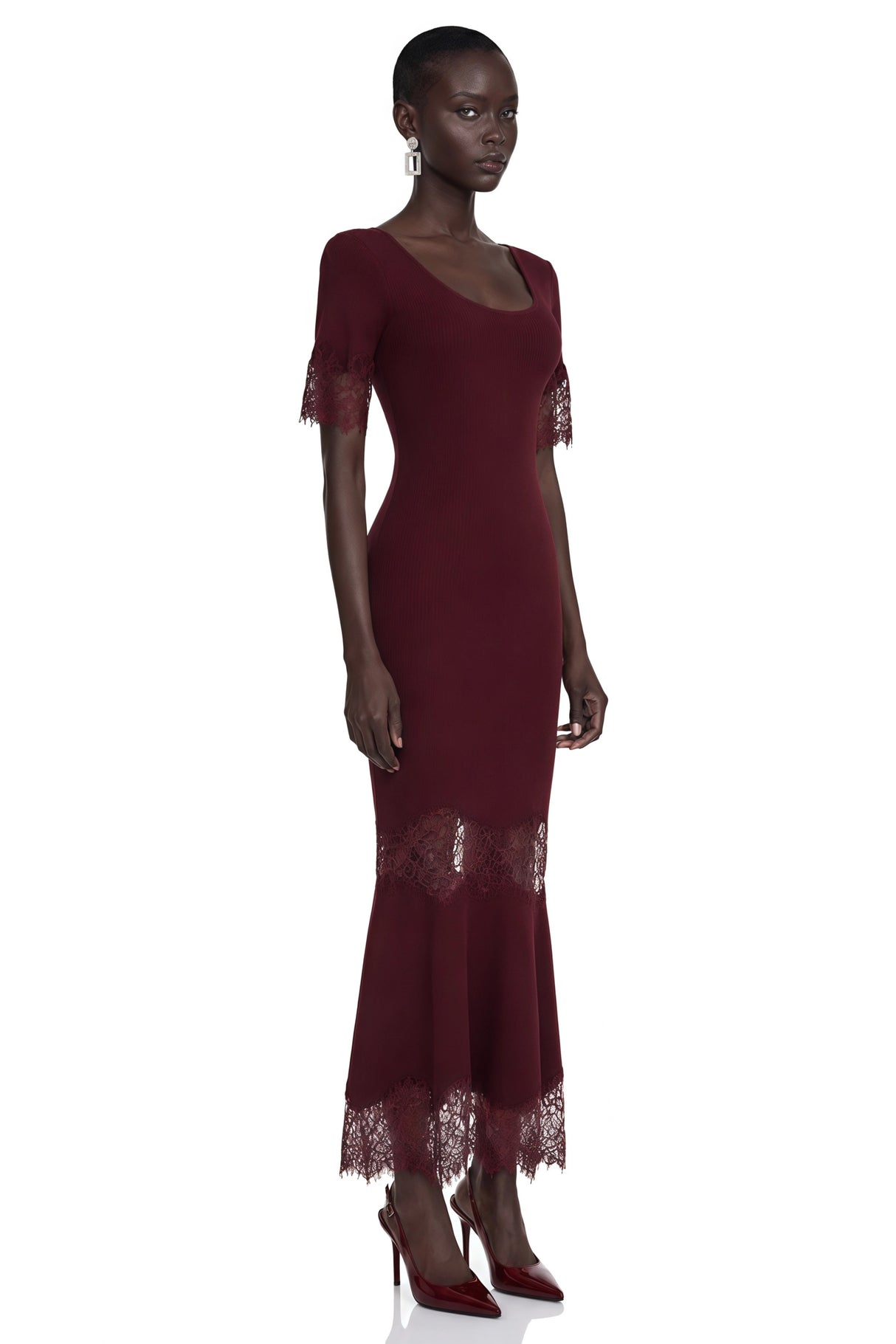 Sharon Burgundy Round Neck Maxi Dress with Lace Trim