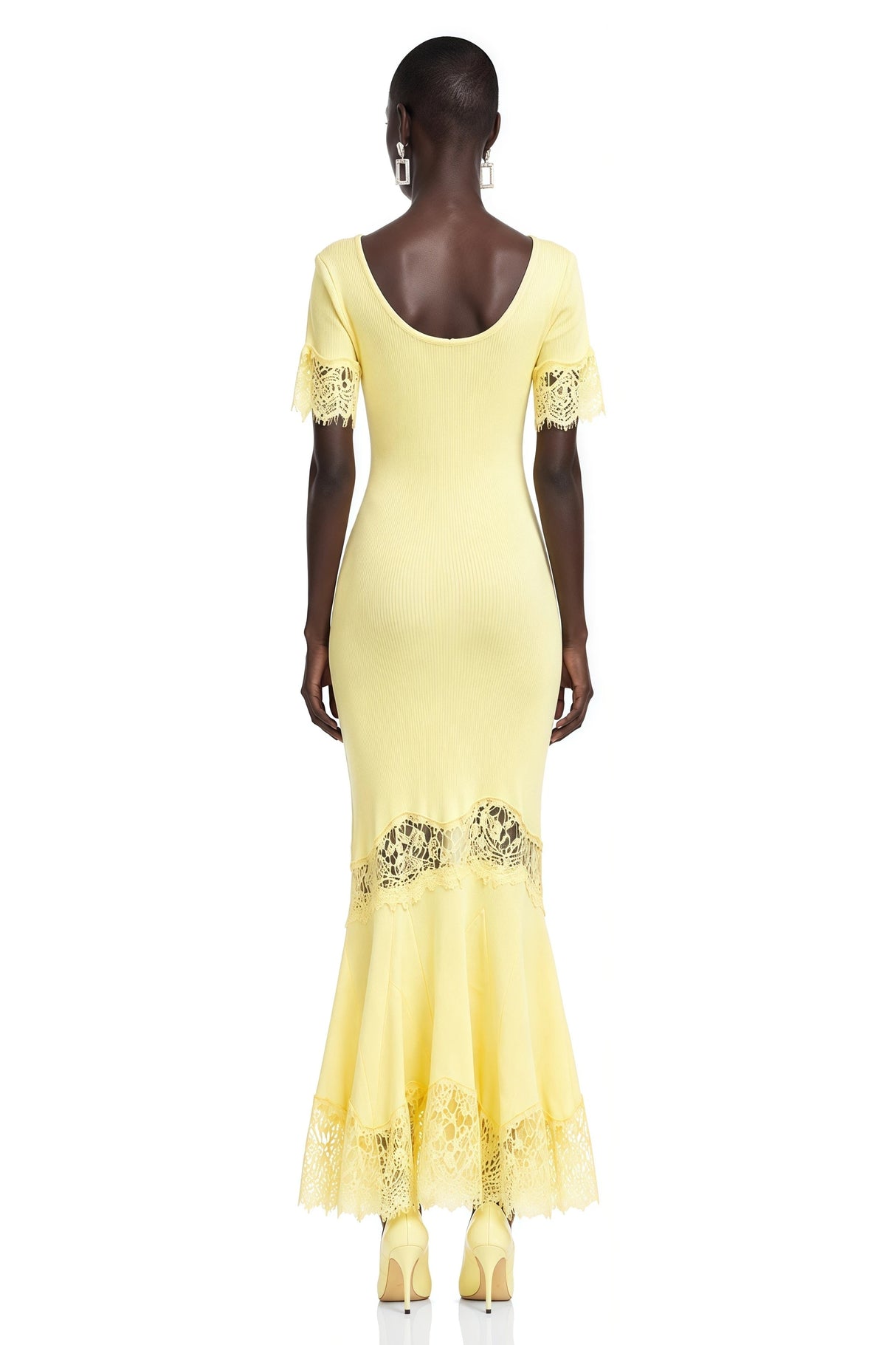 Sharon Yellow Round Neck Maxi Dress with Lace Trim