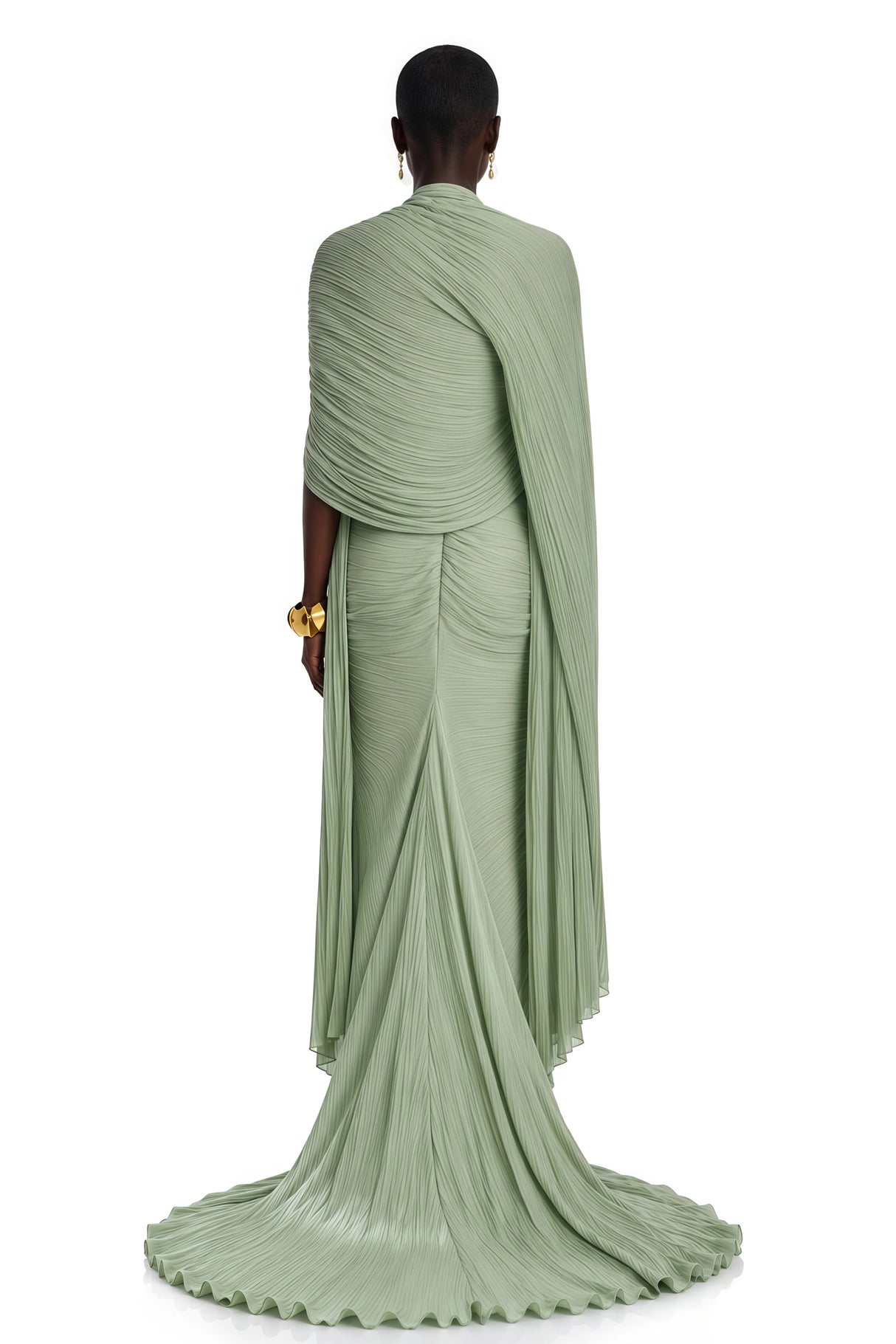 Shifra Green Asymmetrical Cape Maxi Dress