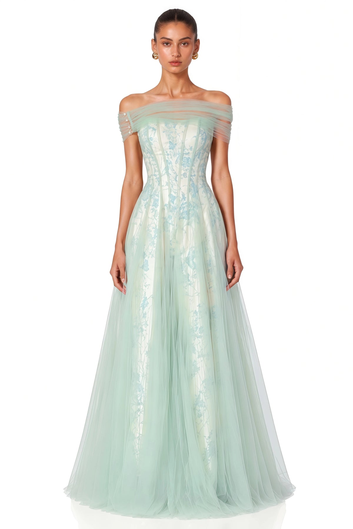 Siddiqa Green Print Tulle Pleated Maxi Dress