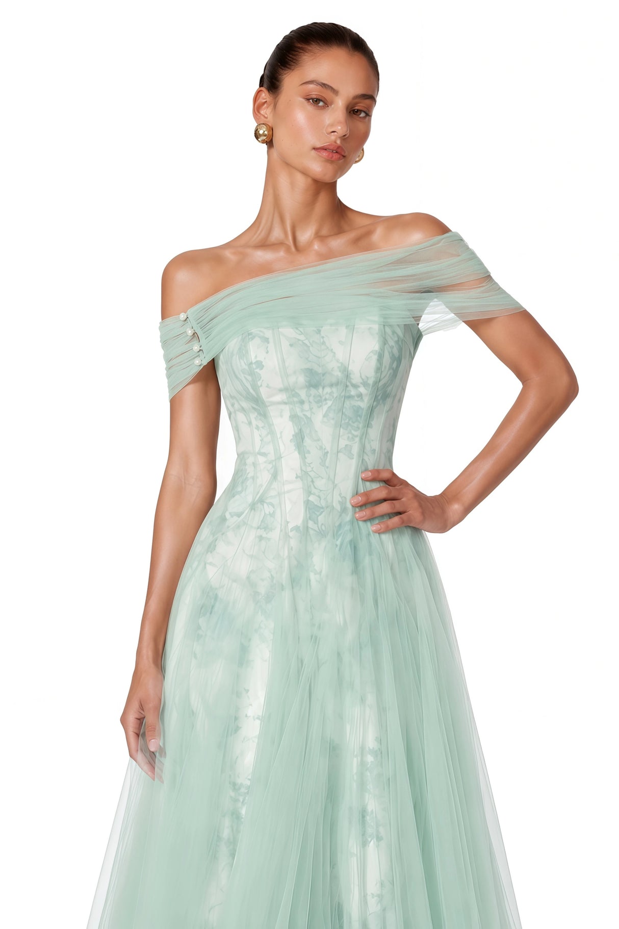 Siddiqa Green Print Tulle Pleated Maxi Dress