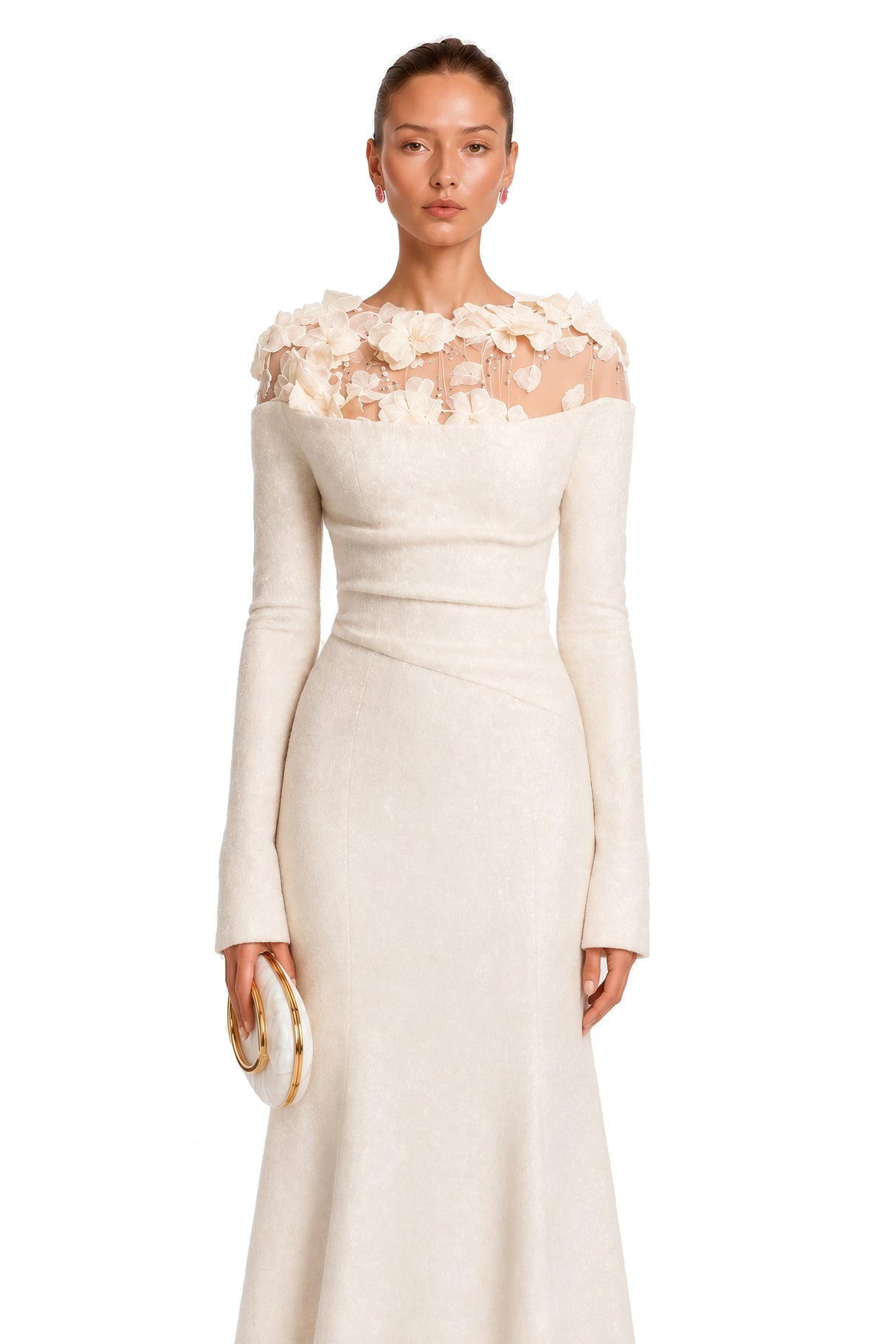 Silvia White Floral Appliqué OffShoulder Gown