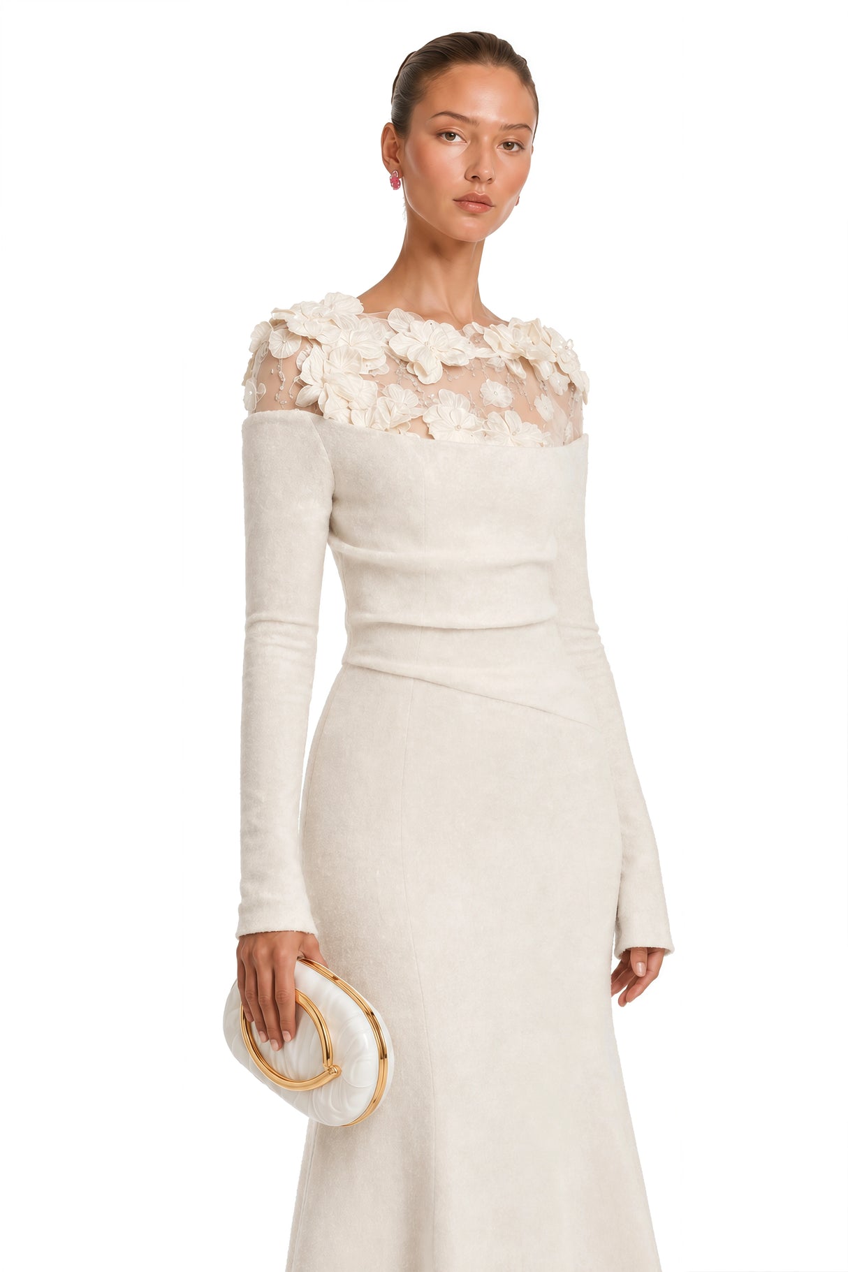 Silvia White Floral Appliqué OffShoulder Gown