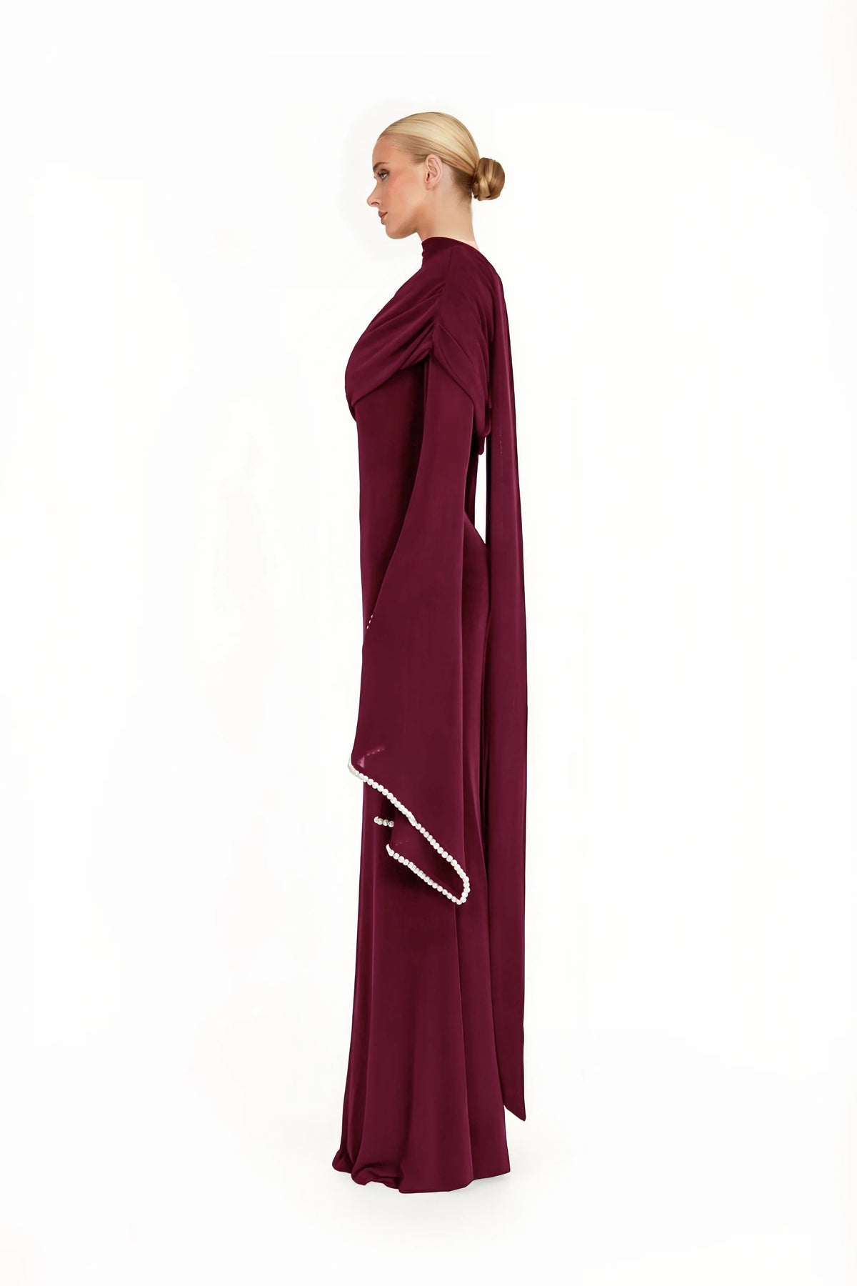 Simona Burgundy One Shoulder Pearl Trim Maxi Gown