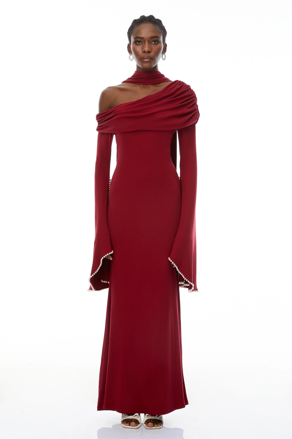 Simona Burgundy One Shoulder Pearl Trim Maxi Gown