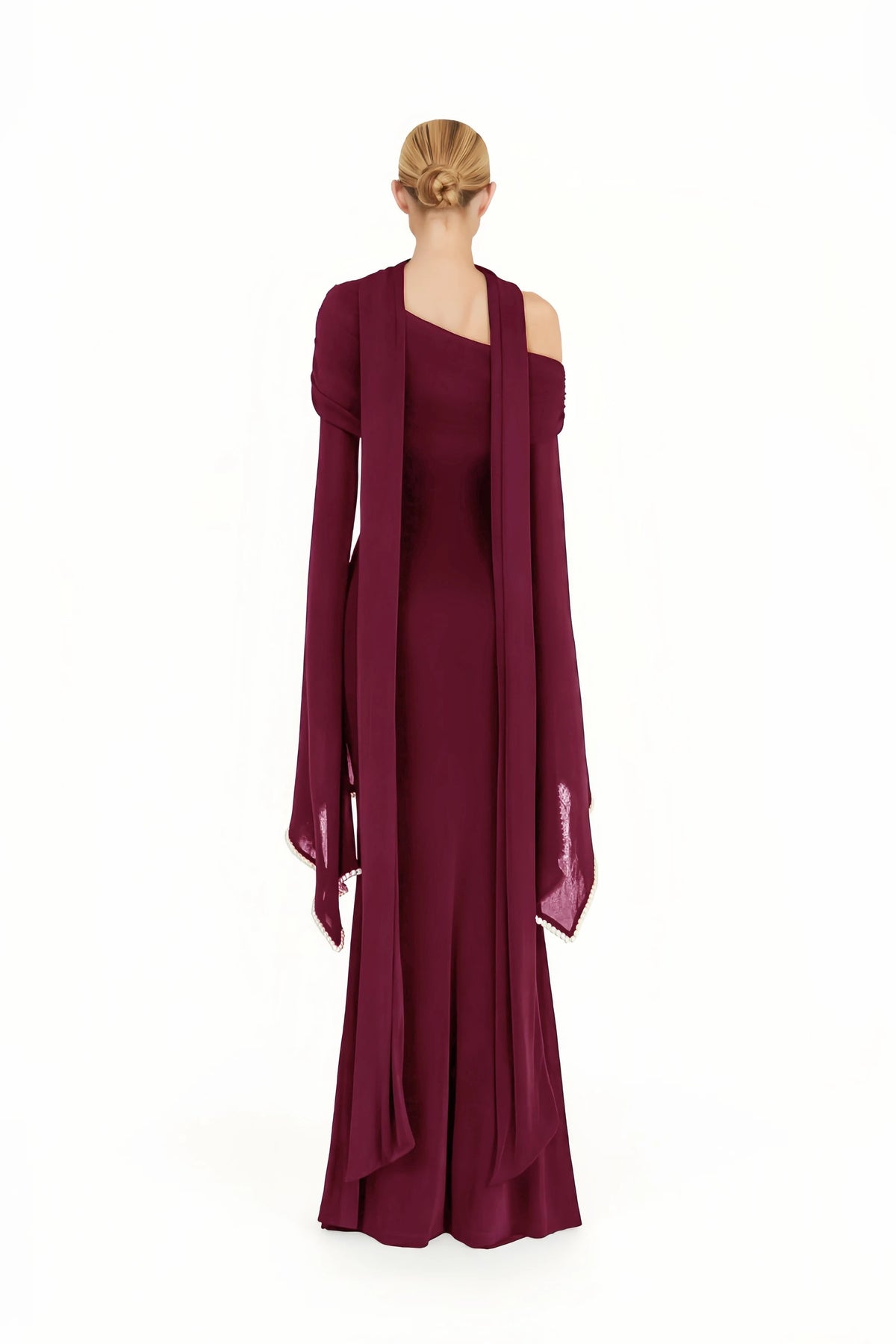 Simona Burgundy One Shoulder Pearl Trim Maxi Gown
