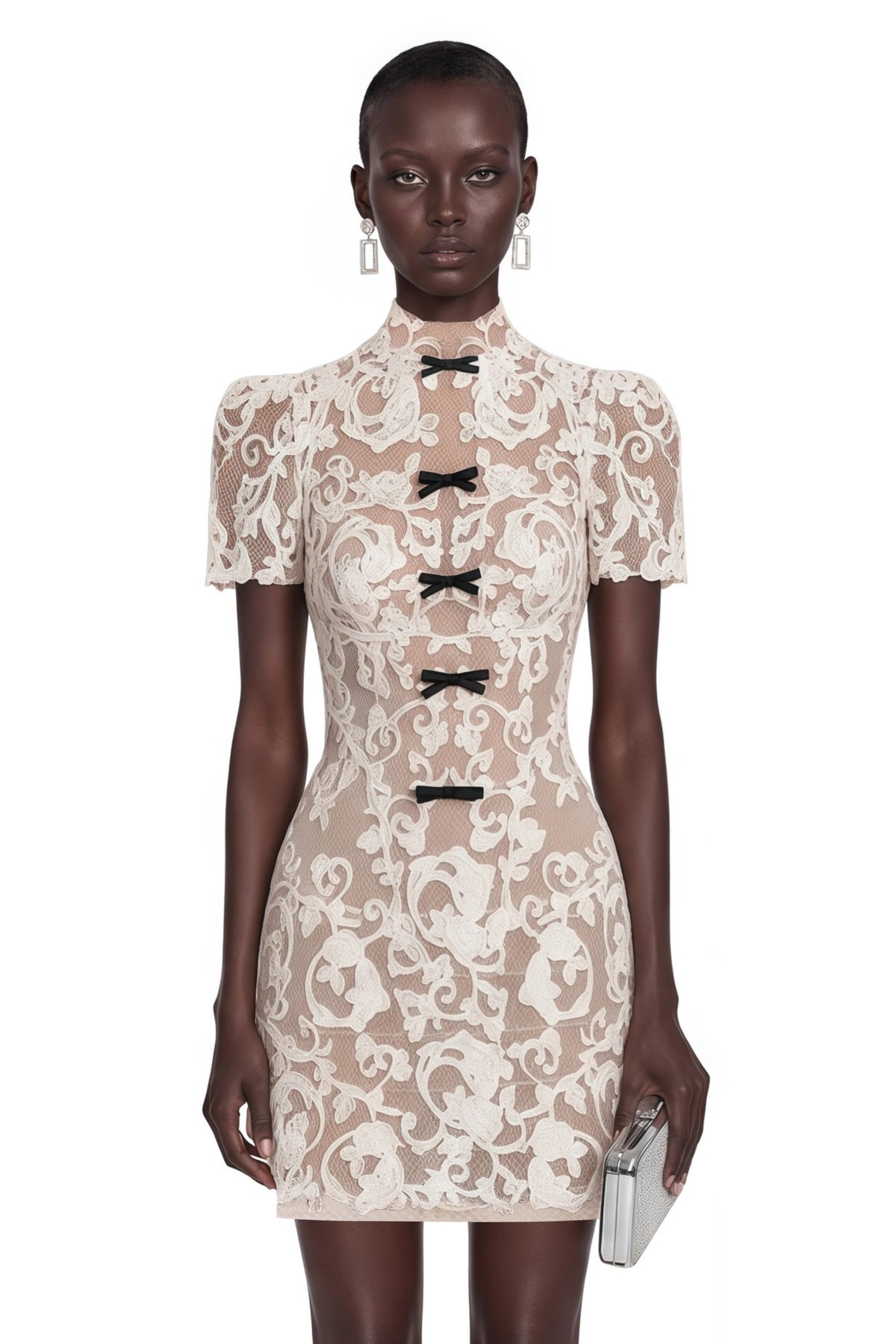 Simona Nude Lace Mini Dress with Bow Detail