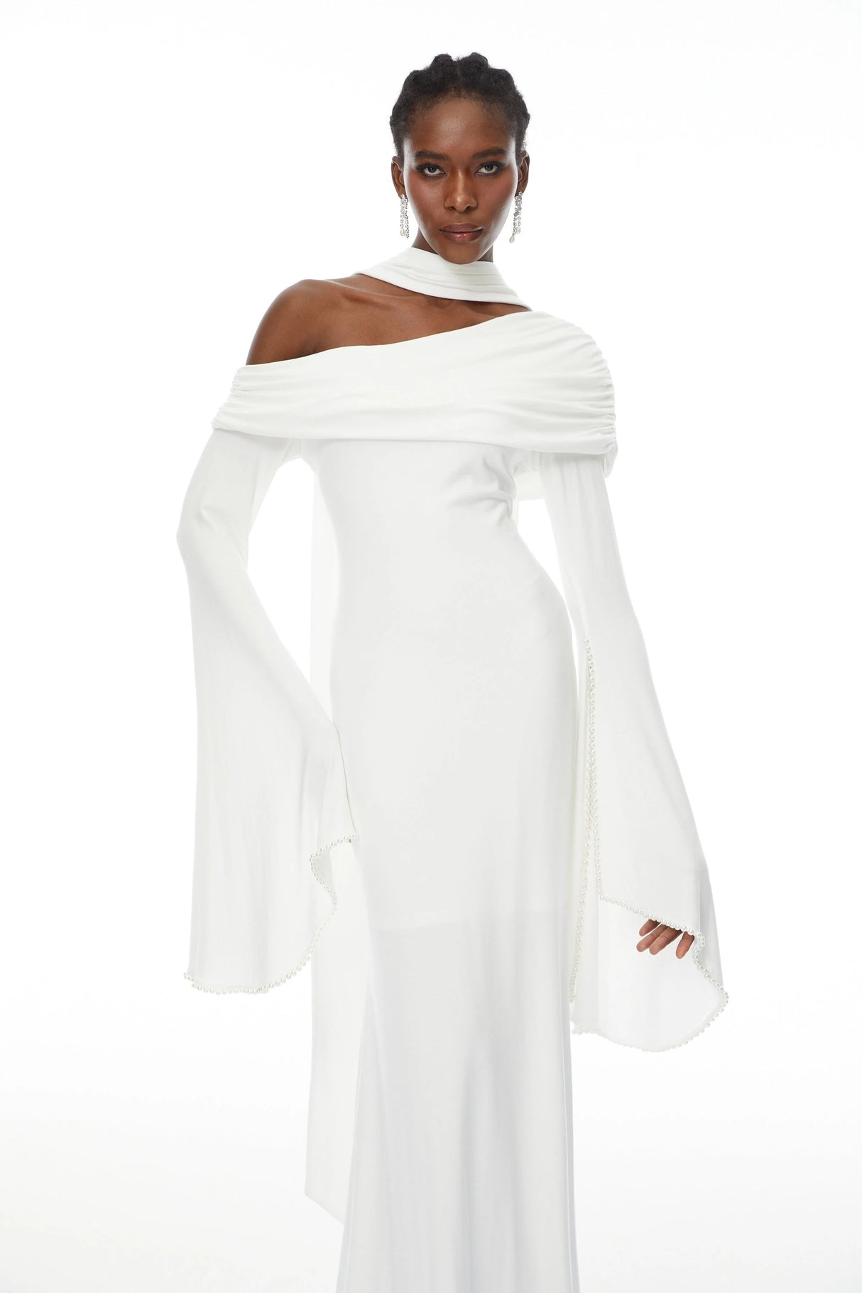 Simona White One Shoulder Pearl Trim Maxi Gown