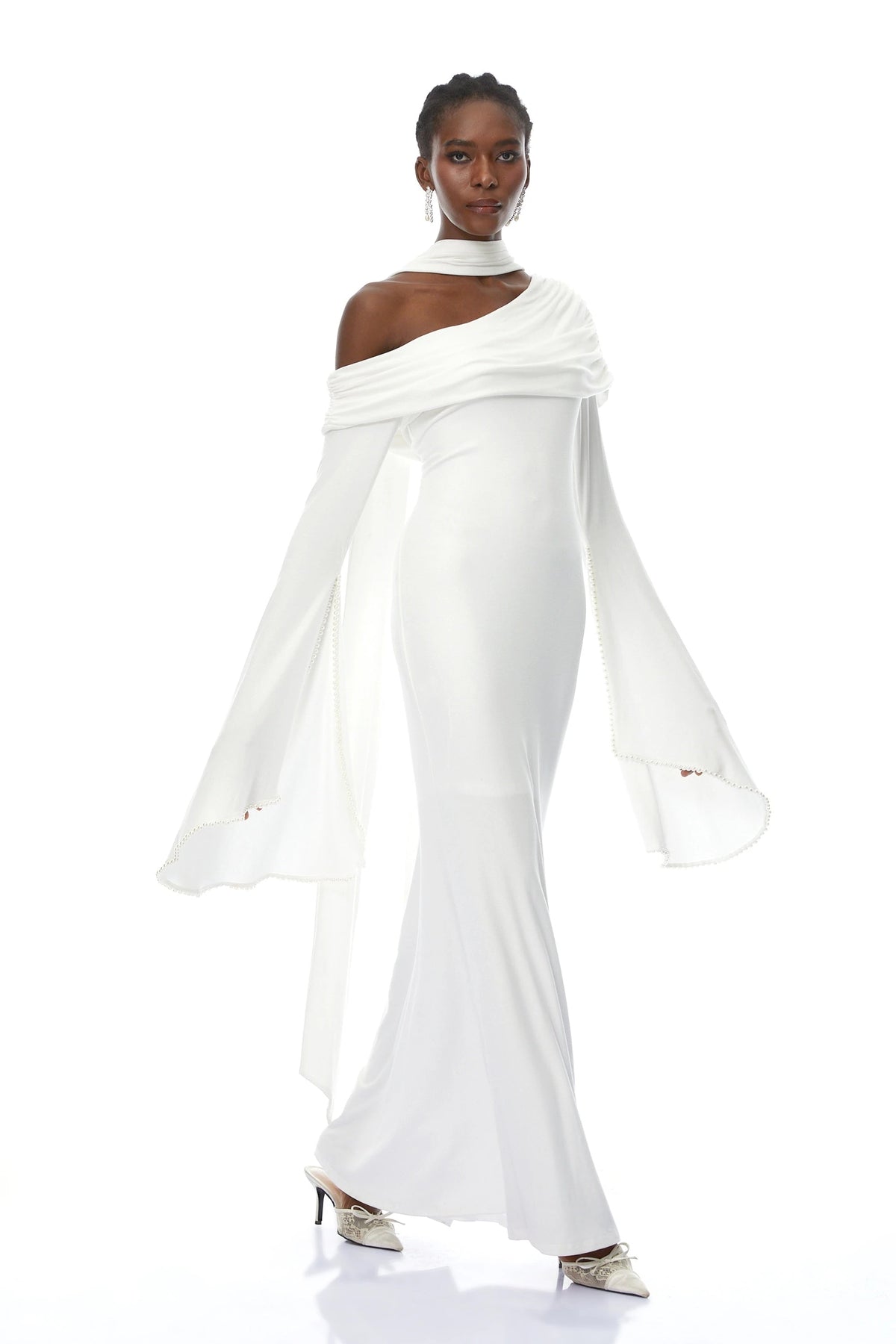 Simona White One Shoulder Pearl Trim Maxi Gown