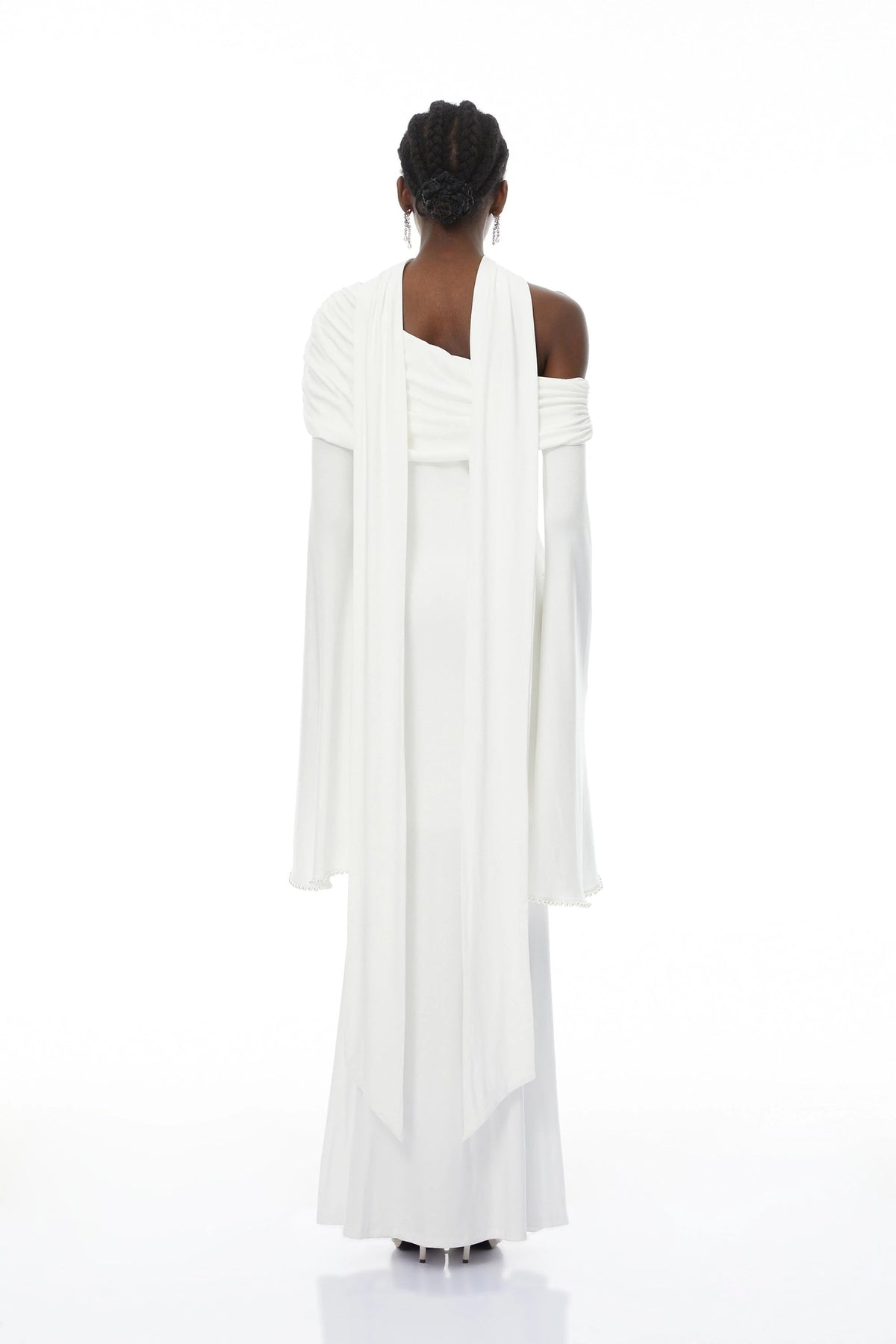 Simona White One Shoulder Pearl Trim Maxi Gown
