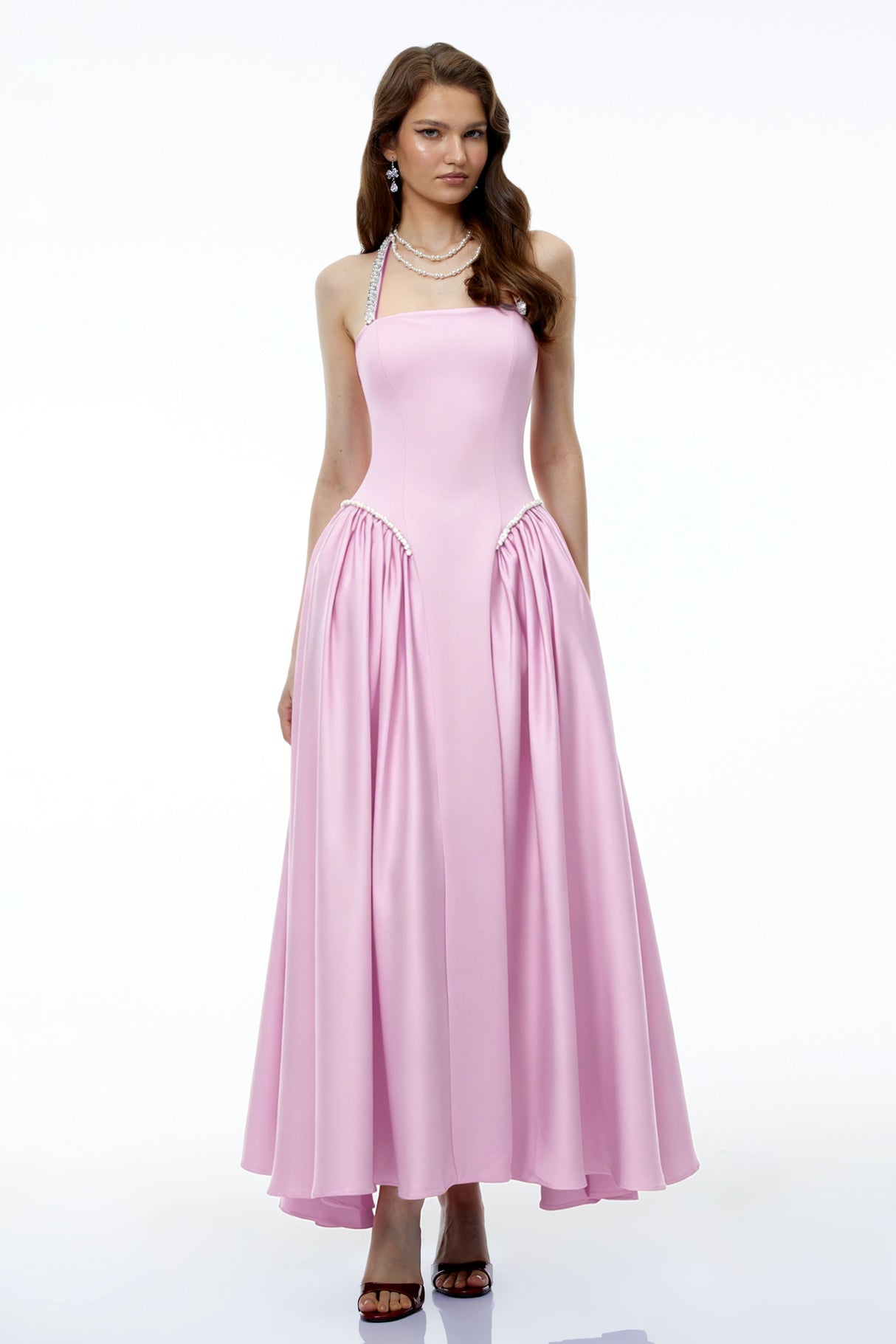 Siobhan Pink Halterneck Maxi Dress with Pearl Trim