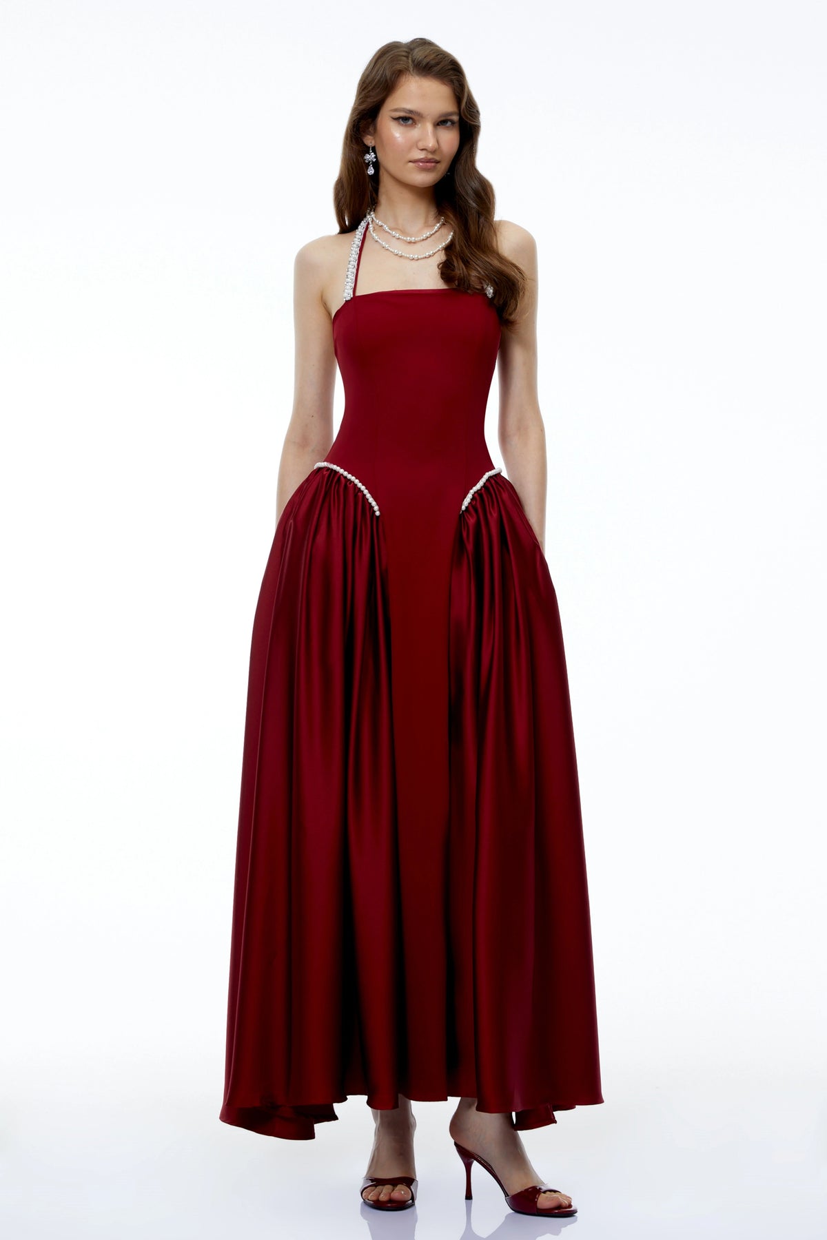 Siobhan Red Halterneck Maxi Dress with Pearl Trim