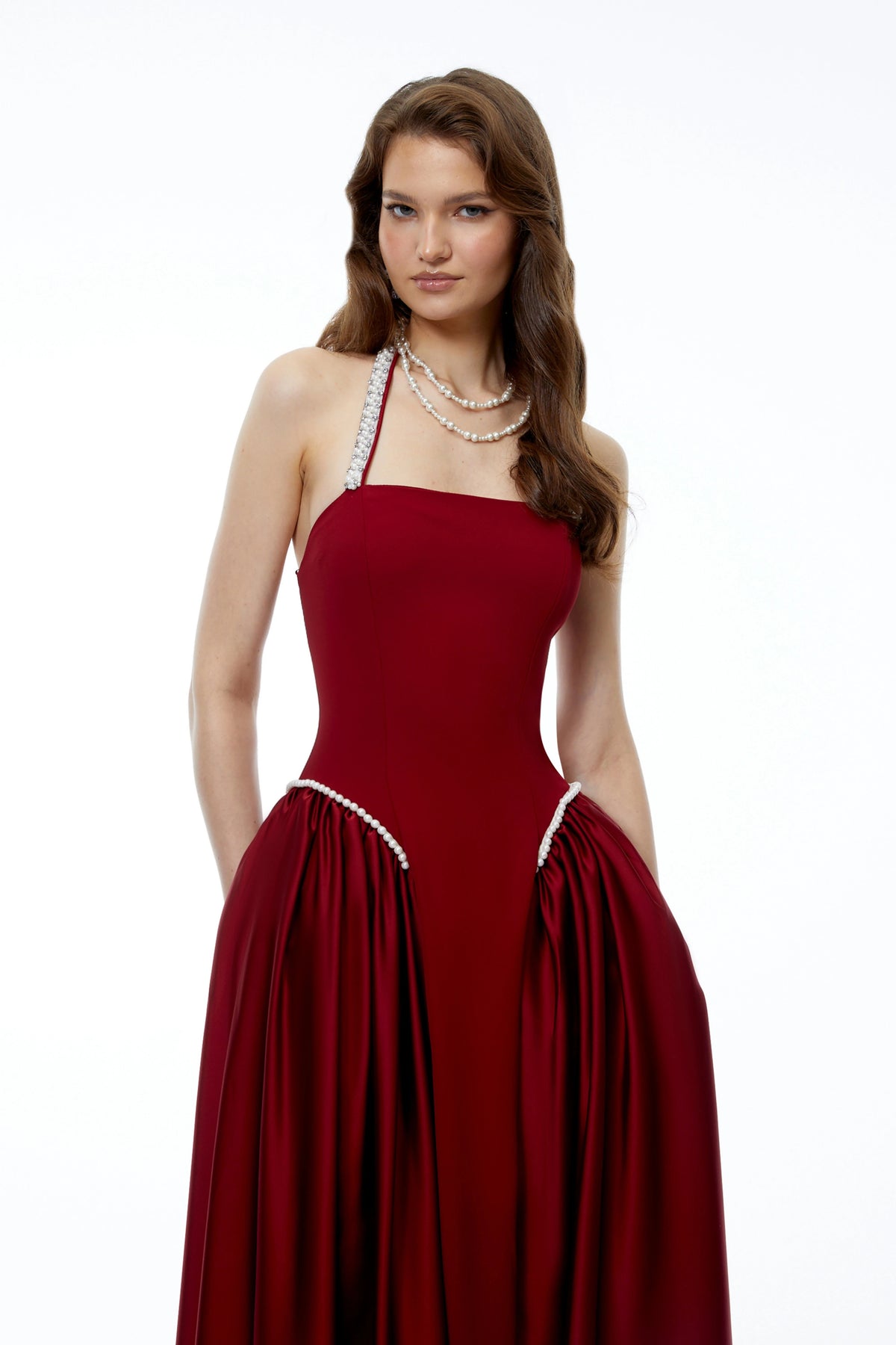 Siobhan Red Halterneck Maxi Dress with Pearl Trim
