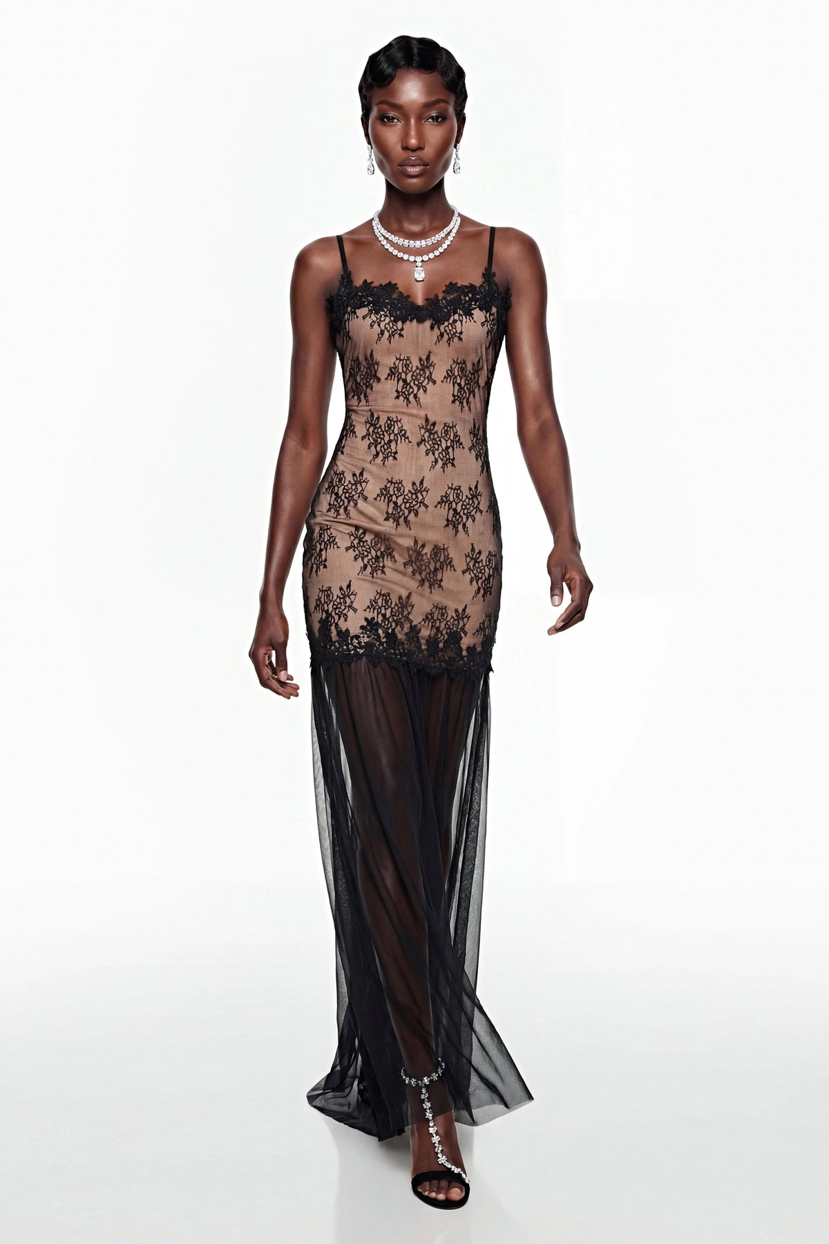 Sisanda Black Tulle Maxi Dress with Lace Panels